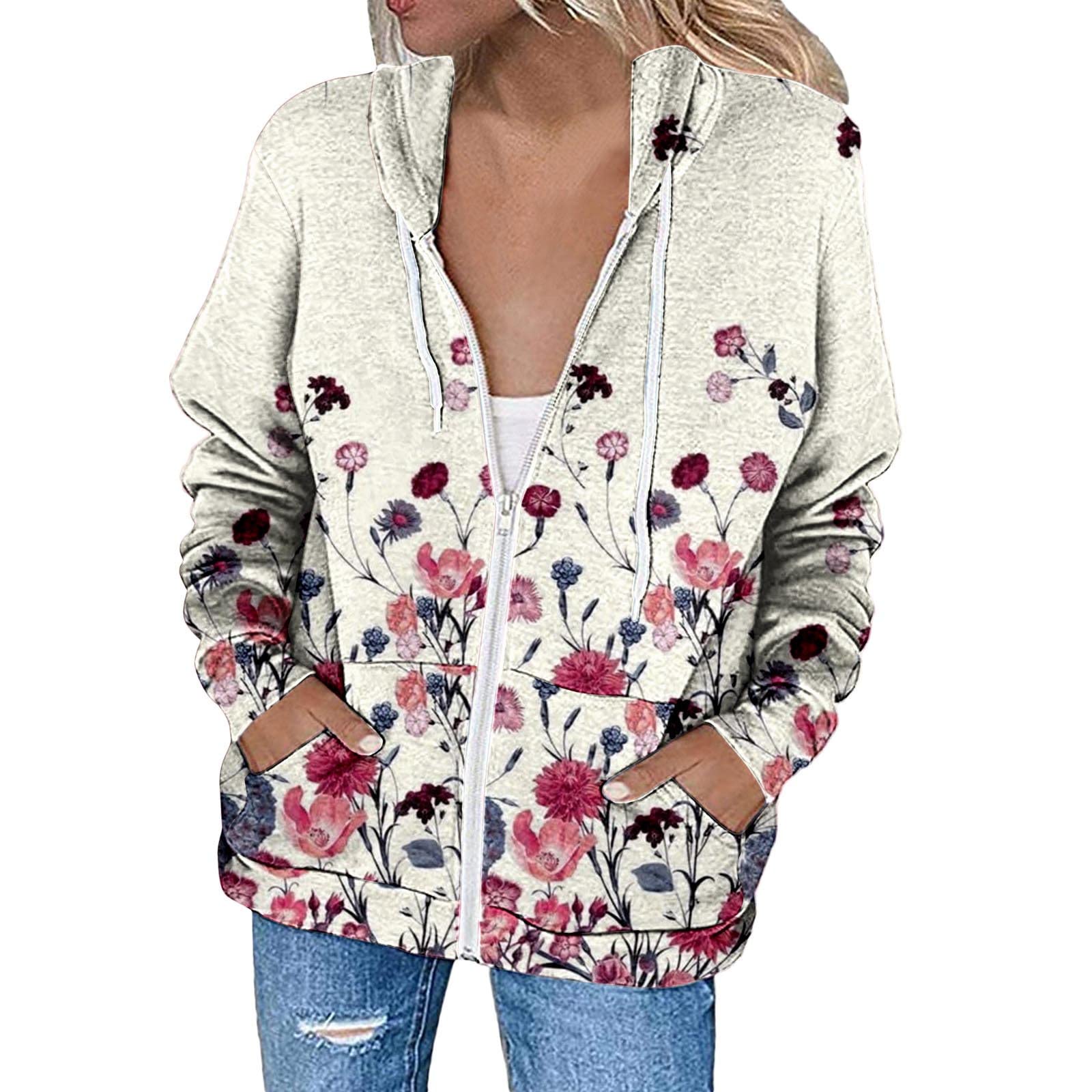 Women's Casual Loose Hooded Jacket with Zipper & Drawstring - Floral Print & Solid Color Options, Pockets for Convenience | Perfect for Outdoor Activities, Travel & Everyday Wear