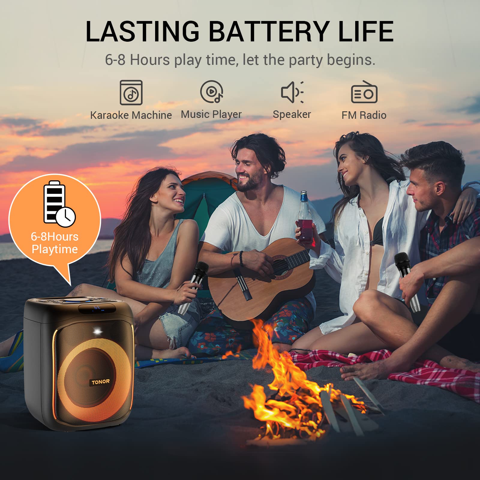 TONOR K6 Portable Bluetooth Karaoke Machine with 2 Wireless Microphones, RGB LED Lights - PA Speaker System for Home, Party & Outdoor Use | Supports BT/AUX/USB/TF Card | Perfect for Singing, Entertaining & Family Gatherings