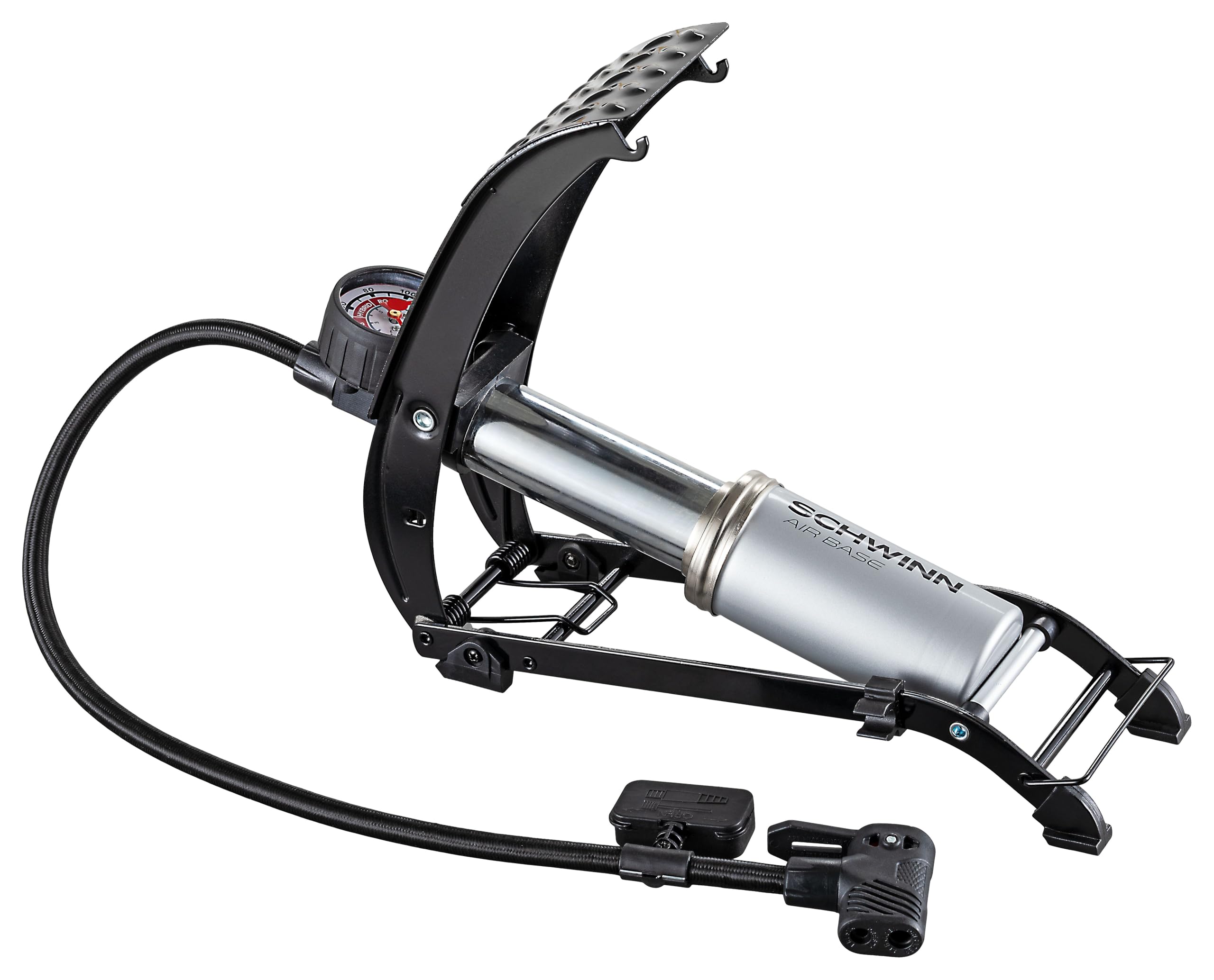 Schwinn High Pressure Bike Foot Pump with Air Base Plus - Air-Zoned Pressure Gauge for Schrader & Presta Valves (Max 120 PSI) - Perfect for Road Bikes, Mountain Bikes & Inflating Sports Equipment