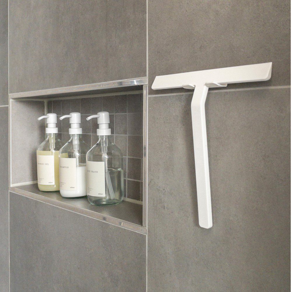 ZONE DENMARK Rim Shower Wiper with Holder - Compact White Bathroom Accessory for Glass Door & Tile Cleaning | Perfect for Showers, Bathtubs, and Windows