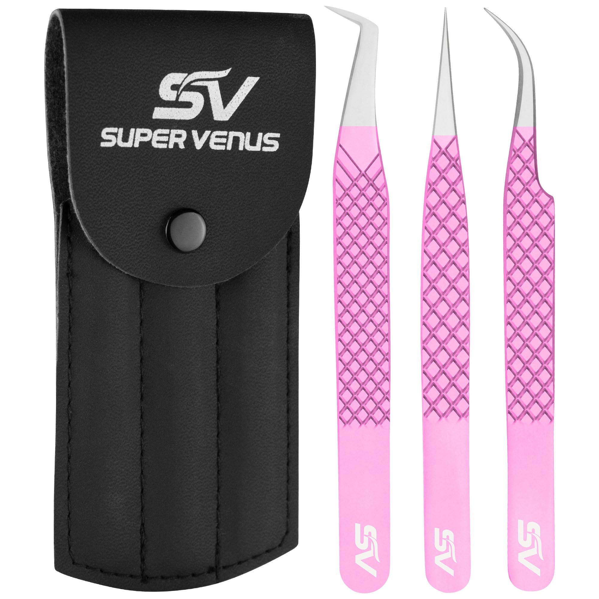 Professional 5Pcs Stainless Steel Eyelash Extension Tweezers Set - Volume & Isolation Curved Tweezers for Lash Artists | Perfect for Salon, Home Use & DIY Nail Art (Pink 3-Piece Set)