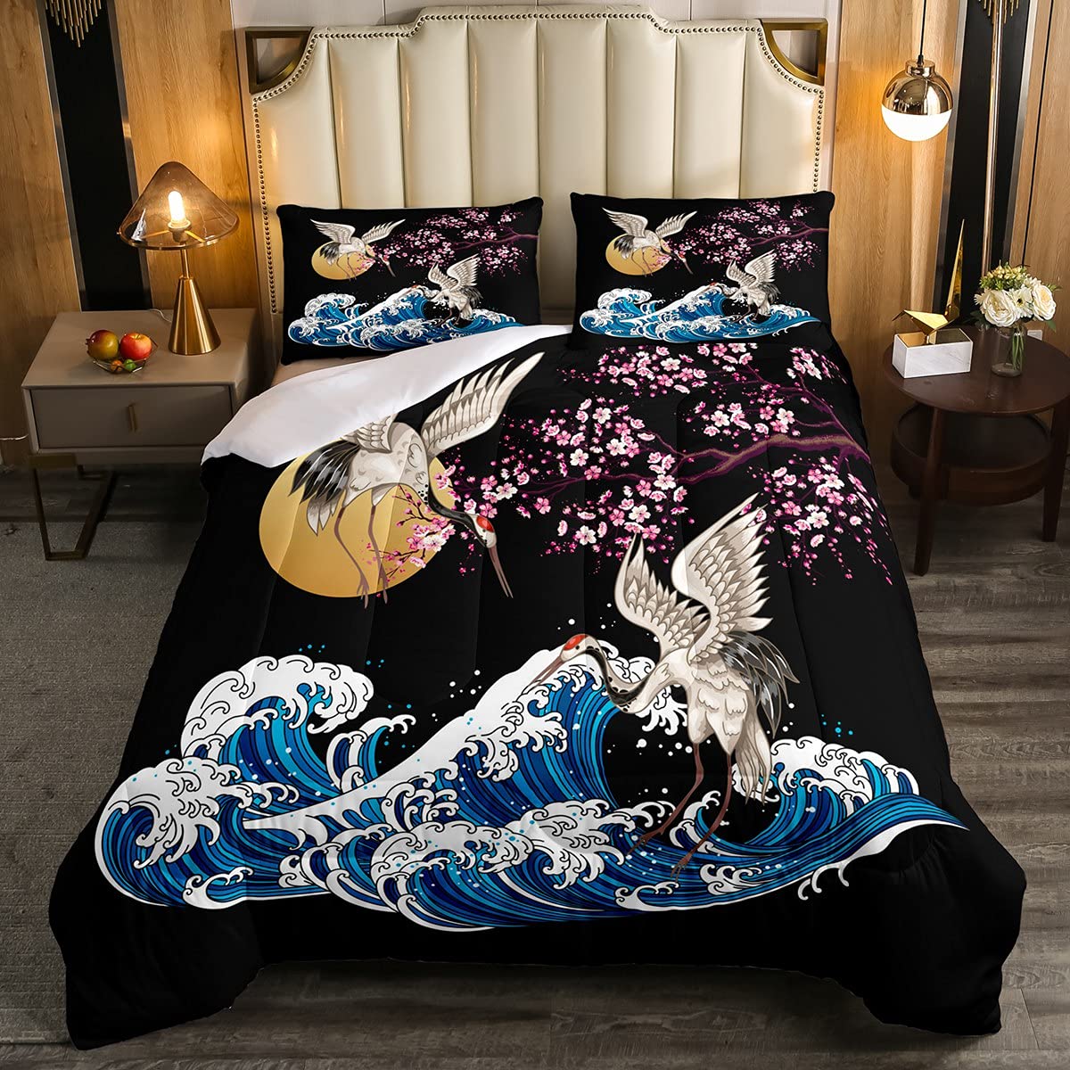 Japanese Crane Duvet Cover Set Queen Size - Exotic Cherry Blossom Bedding for Girls & Teens - 1 Comforter & 2 Pillowcases - Wave Pattern Kids Room Decor - Perfect for Asian-Themed Bedrooms & Teen Girl Dorm Decor