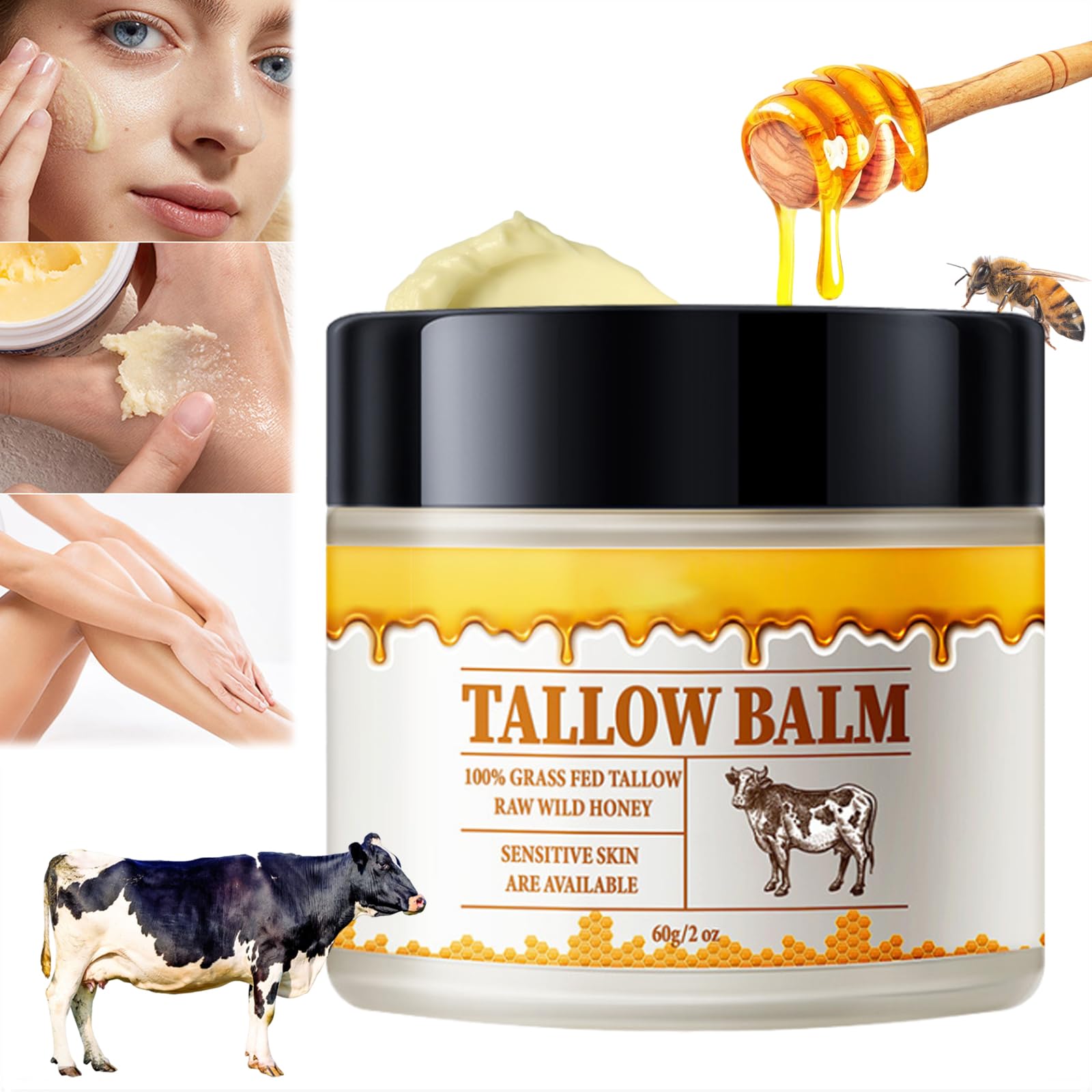 Organic Tallow and Honey Balm for Face & Skin - Grass-Fed Beef Tallow Moisturizer with Raw Wild Honey - Whipped Cream for Sensitive Skin - Deep Hydration & Nourishment - Perfect for Dry Skin Care & Nighttime Routine