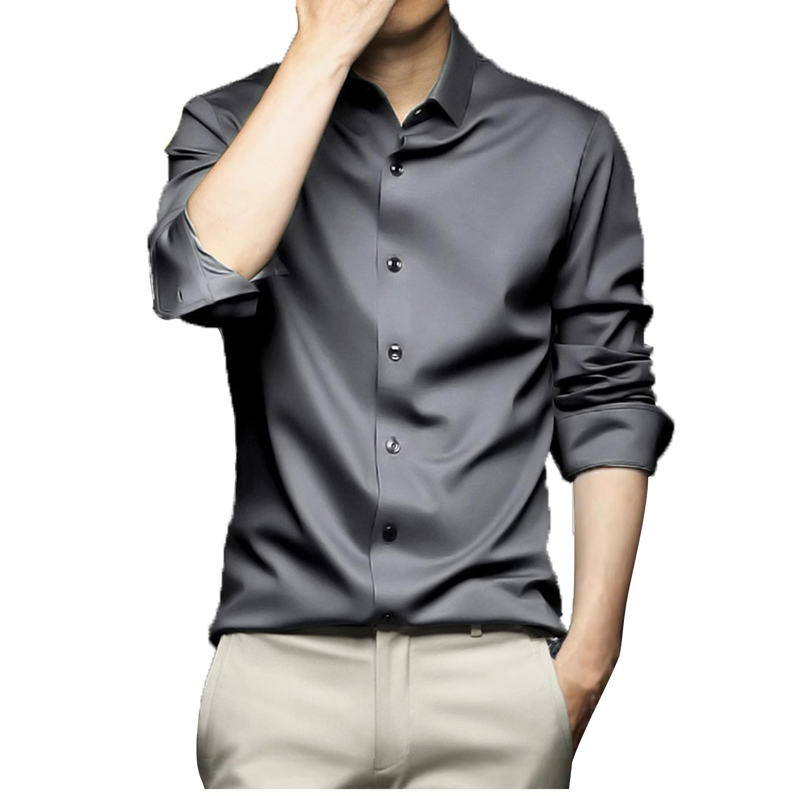 Wrinkle-Free Men's Satin Dress Shirts - Long Sleeve Button Down Shirt with Lapel Collar, Solid Color Regular Fit for Office, Wedding & Formal Occasions