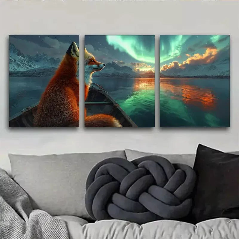 3-Piece Aurora Borealis Fox Canvas Print Set - Northern Lights Wall Art - Framed 40x60cm (16x24in) - High Quality Australian Made Canvas - Ready to Hang - Perfect for Living Room, Bedroom & Office Decor