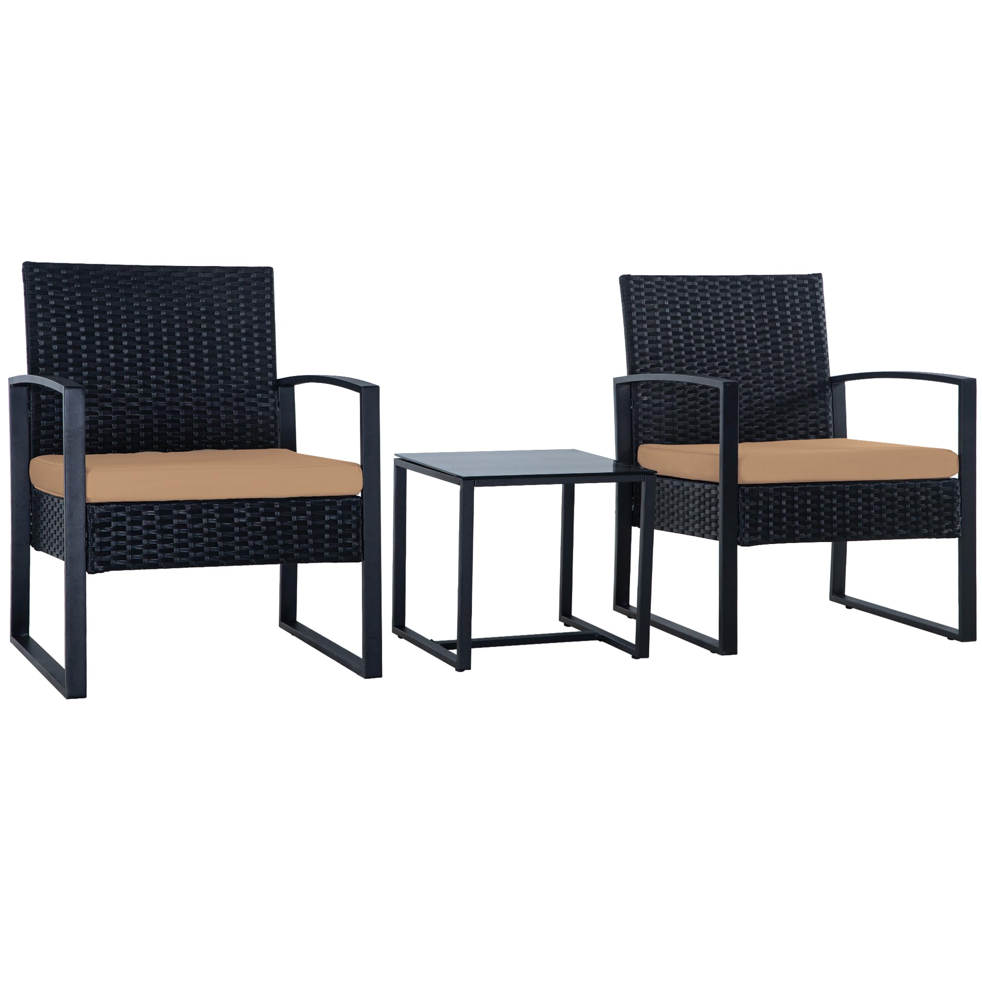 HYDRAGARDEN 3-Piece Outdoor Patio Furniture Set - Black Wicker & Brown Cushion Bistro Conversation Set with Glass Table, Weather-Resistant Rattan Chairs for Garden, Porch, Balcony, Backyard - Perfect for Relaxing, Entertaining Guests, and Outdoor Dining