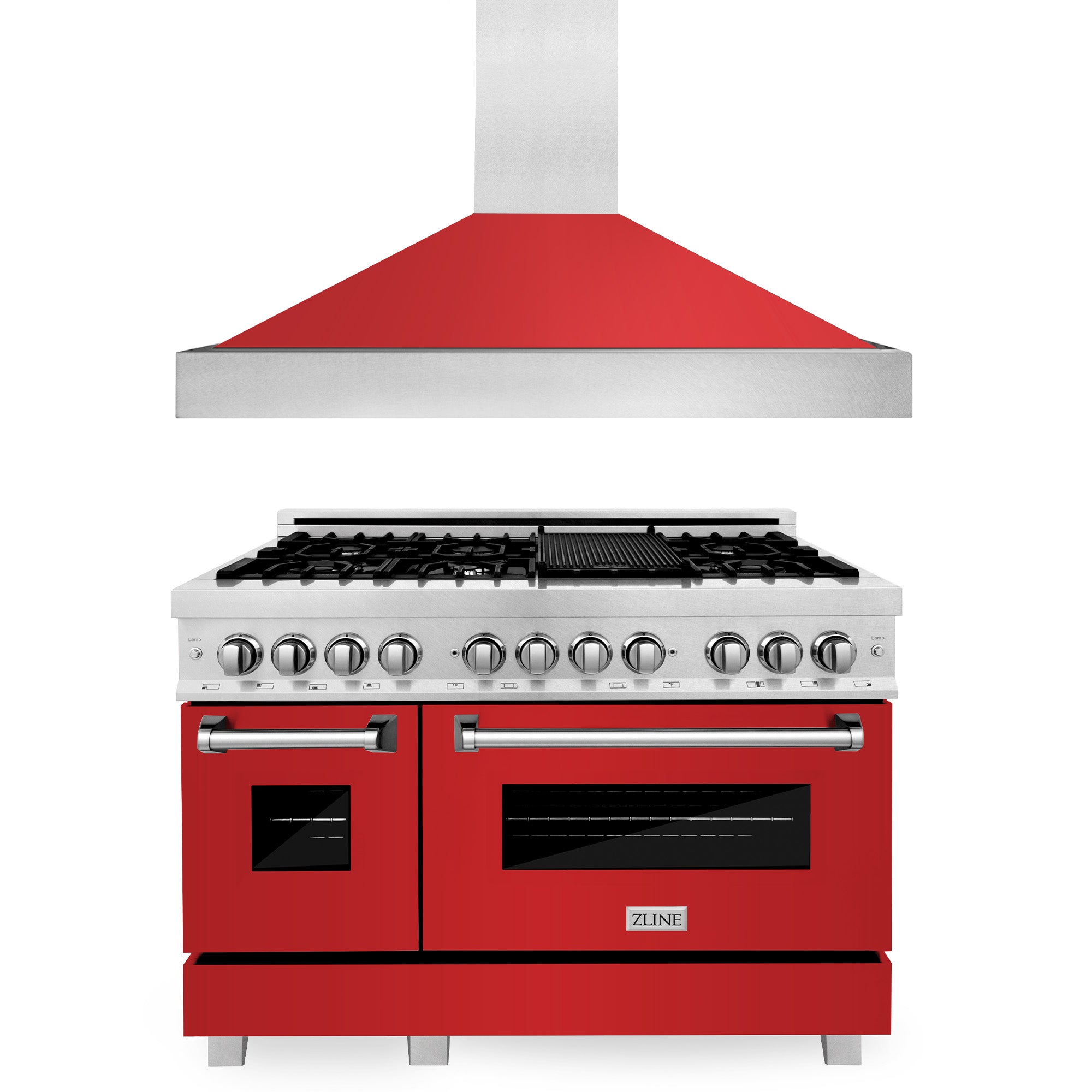 ZLINE 48-inch Professional Kitchen Package - Stainless Steel Dual Fuel Range with Red Matte Door & Convertible Vent Hood | Perfect for Home Chefs & Modern Kitchens