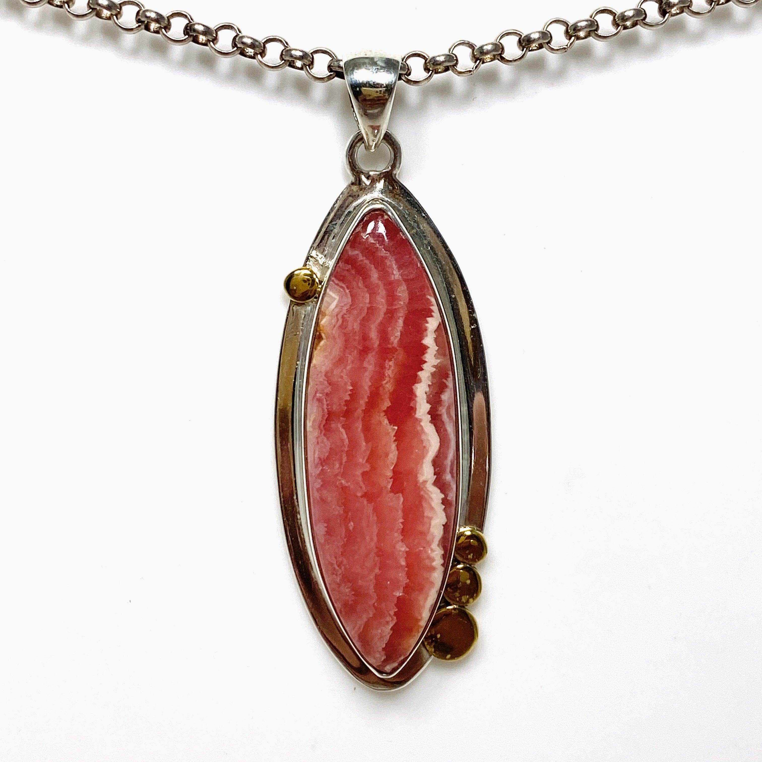 Rhodochrosite Marquise Pendant Necklace with Brass Accents KPGJ4332 - Elegant Jewelry for Women, Perfect for Parties, Weddings & Special Occasions