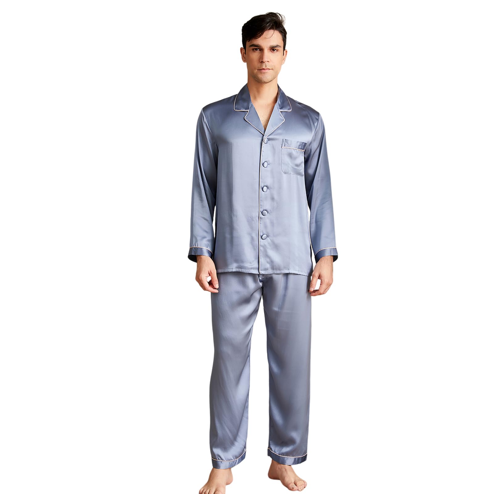 Premium 19 Momme Mulberry Silk Pajama Set for Men - 2-Piece Long Sleeve Luxury Sleepwear, Lightweight & Breathable - Perfect for Lounging, Travel & Gift Giving