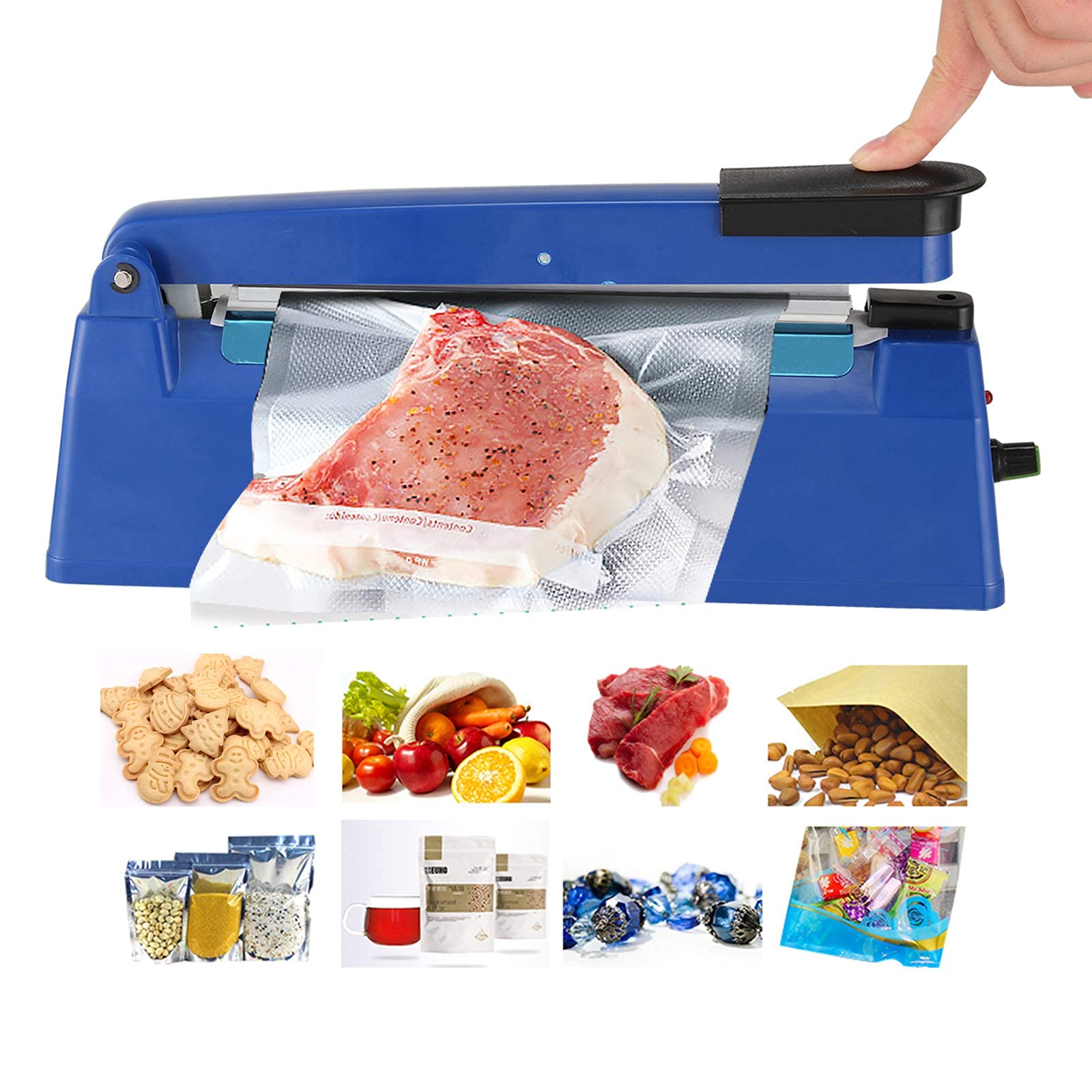 350W Manual Heat Sealer for Plastic Bags - Impulse Food Packing Machine with Replacement Kit (Metal/ABS, Blue, 8 Inch) - Perfect for Home Kitchen, Grocery Stores & Food Packaging Businesses