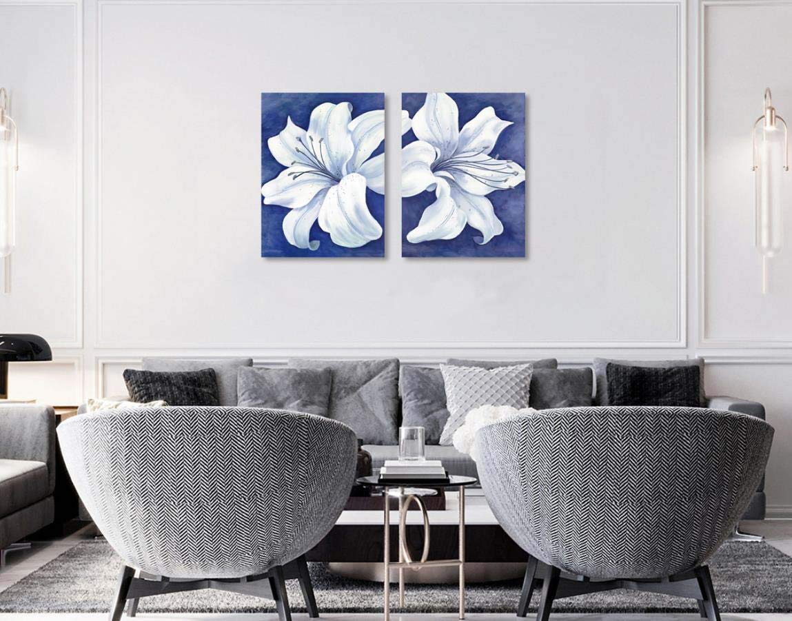 White Floral Canvas Wall Art - Modern Blue-Purple Bloom Painting for Dining Room Decor