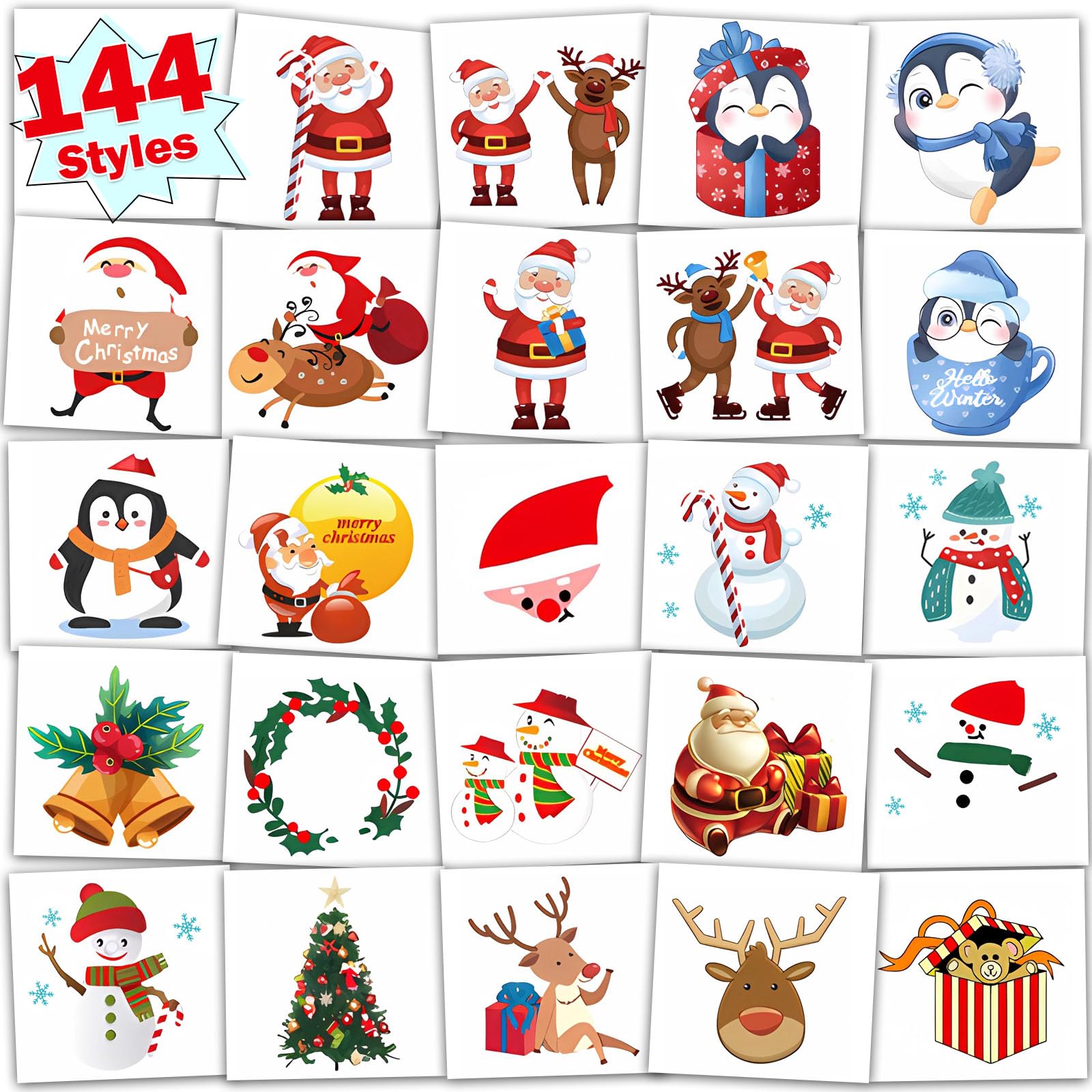 144 Pcs Christmas Temporary Tattoos for Kids - Fun Holiday Stocking Stuffers & Party Favors for Boys and Girls | Perfect for Xmas Gift Bags, Classroom Rewards & Christmas Decorations