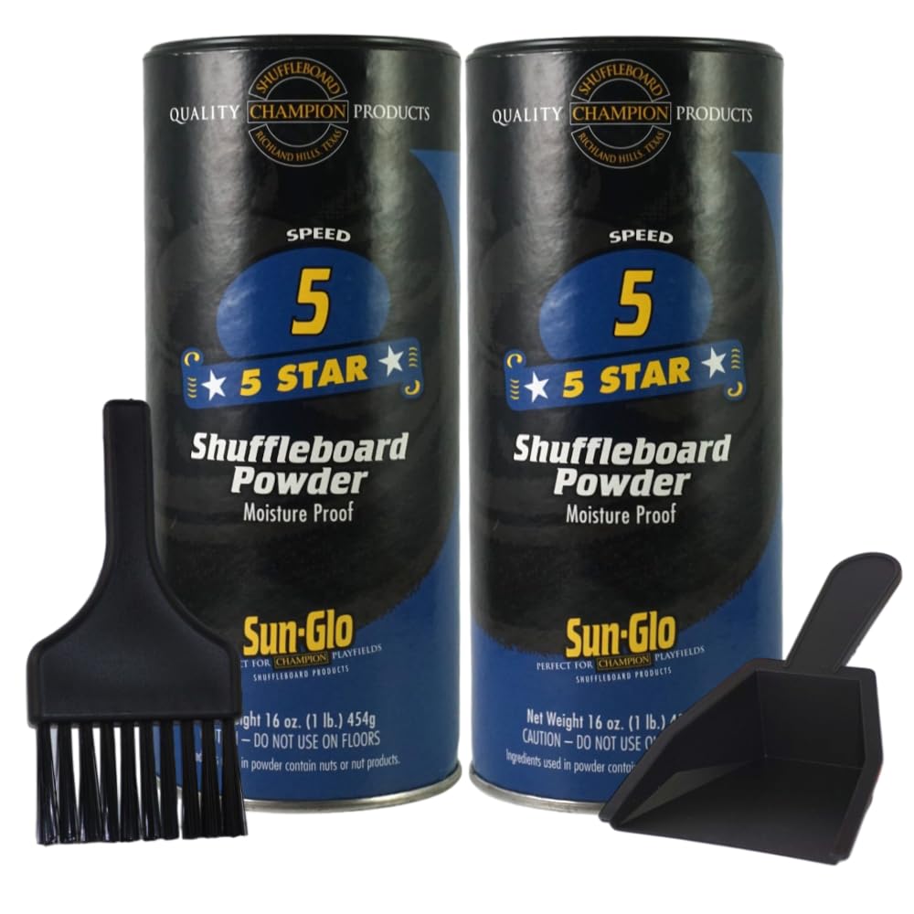 Premium Sun-Glo Shuffleboard Sand - High-Performance Powder Wax for Shuffleboard Tables (2 Pack, 16oz Each) with Mini Dustpan & Brush Set - SunGlo #5 Star Medium Speed - Perfect for Home Game Rooms, Bars & Competitive Play