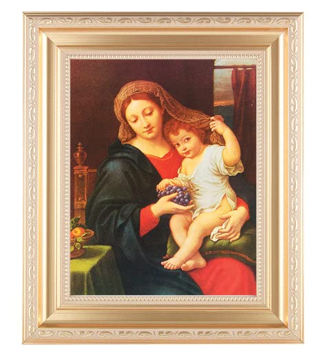 Madonna of the Grapes Framed Wall Art - Large Religious Home Decor with Satin Gold Fluted Frame, Distressed Finish & Detailed Scrollwork - Perfect for Living Room, Bedroom or Church Decoration