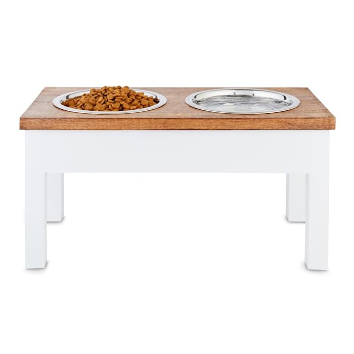 EveryYay White Wood Elevated Double Diner Dog Feeder - 7 Cup Capacity for Medium & Large Dogs - Perfect for Dining Areas & Pet Feeding Stations