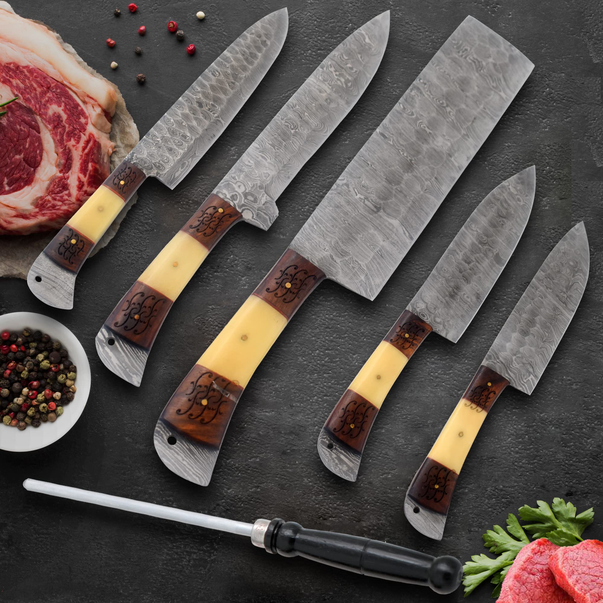 Premium Damascus Steel 5-Piece Professional Chef Knife Set - Handcrafted Wild Turkey Kitchen Knives with Cleaver & Utility Blades for Cooking, Slicing & Chopping - Ideal for Home Chefs & Culinary Enthusiasts