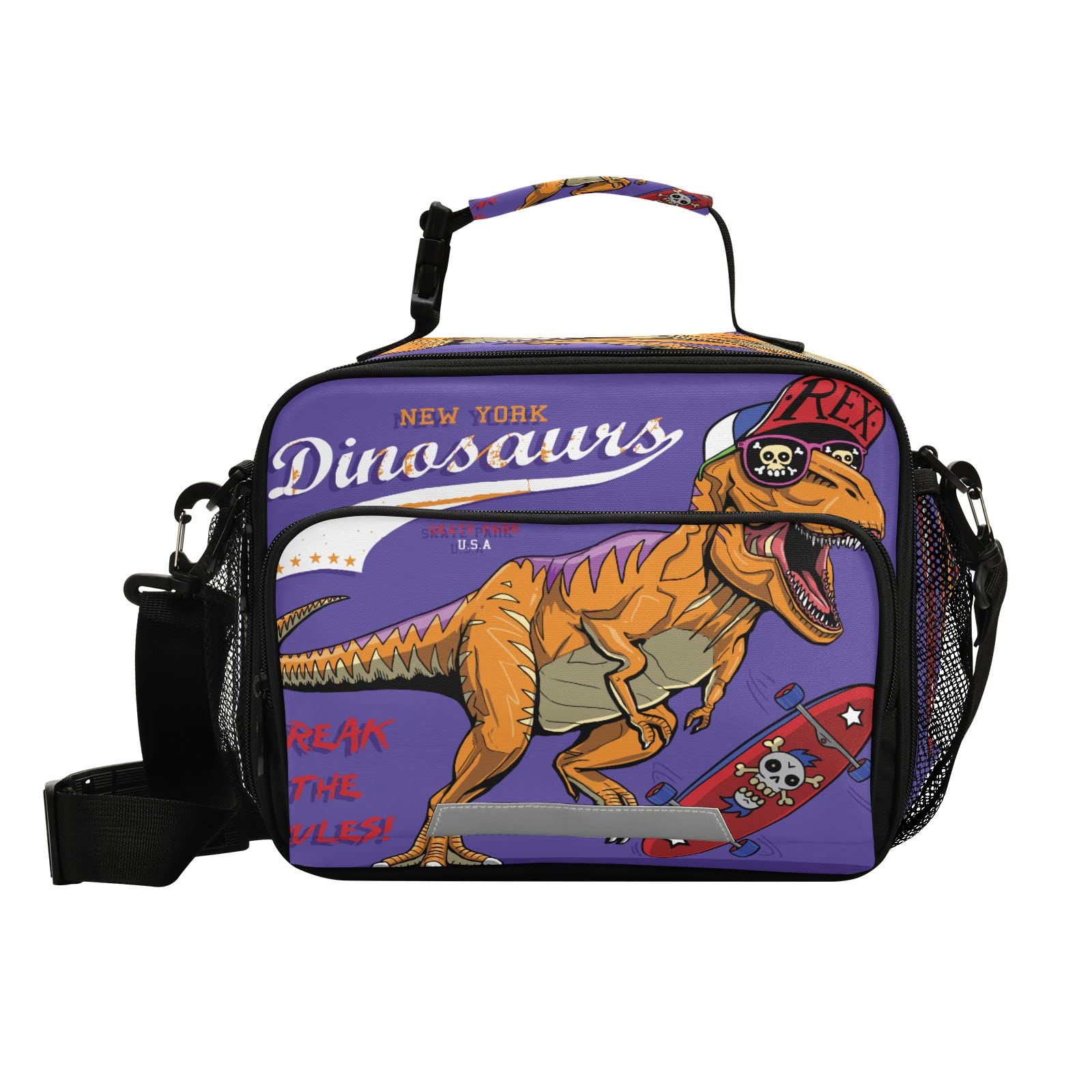 Insulated Lunch Box for School & Work - Reusable Cooler Bag with Shoulder Strap for Students, Teens, Adults - Perfect for School Lunches, Office Meals, Picnics & Travel - Dinosaur & Skater Design Options
