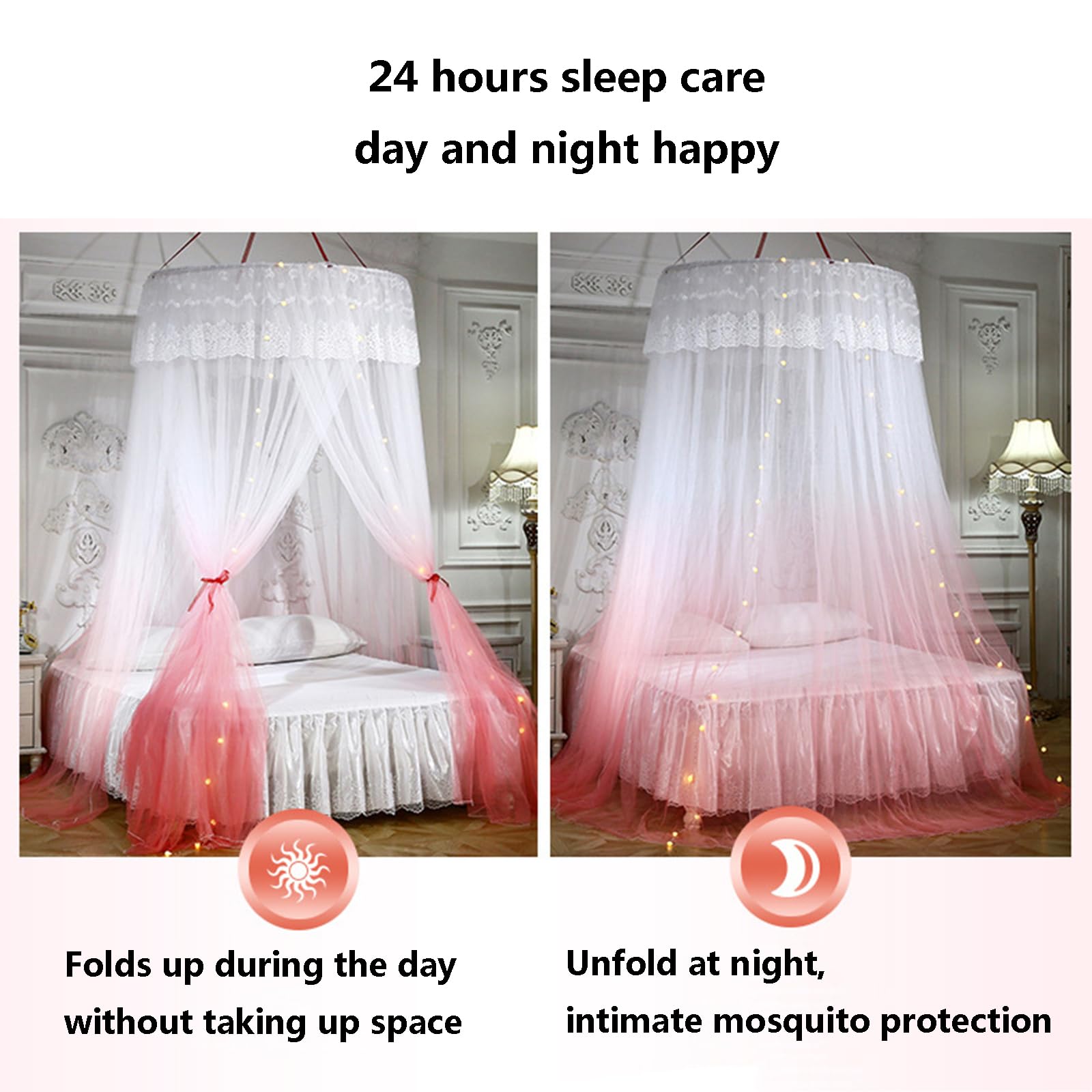 Walkervo Mosquito Net Bed Canopy with LED Lights - Dome Princess Bed Tent with Round Lace Design, Hanging Mosquito Net for Double/Single Beds (Purple) - Perfect for Kids' Rooms, Camping & Outdoor Adventures