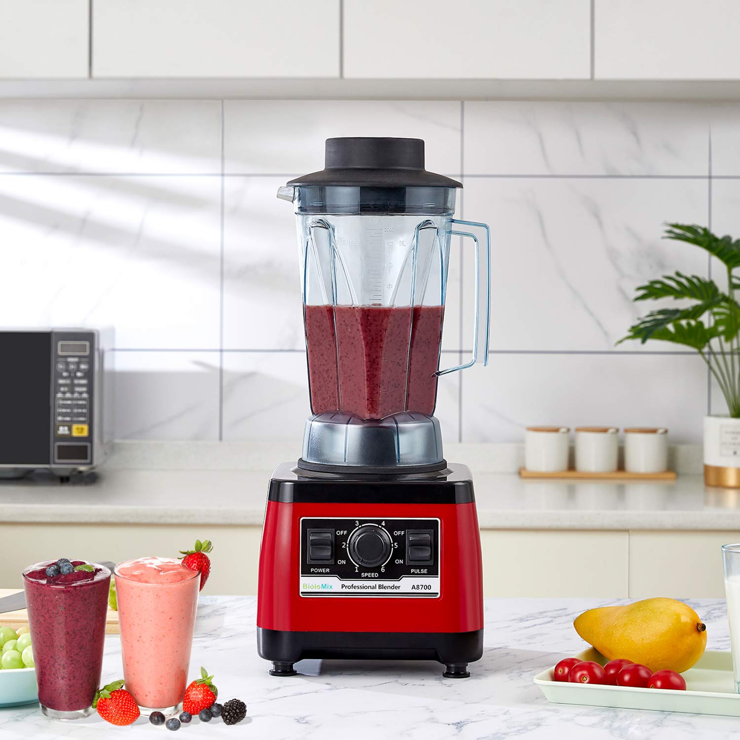 BioloMix 2200W Heavy Duty Commercial Blender - Professional Grade Countertop Blender with 70oz BPA-Free Jar - Perfect for Smoothies, Protein Shakes, Frozen Drinks, Ice Crushing, Soup Making & Food Prep (Red) - Ideal for Restaurants, Juice Bars & Home Kitchens