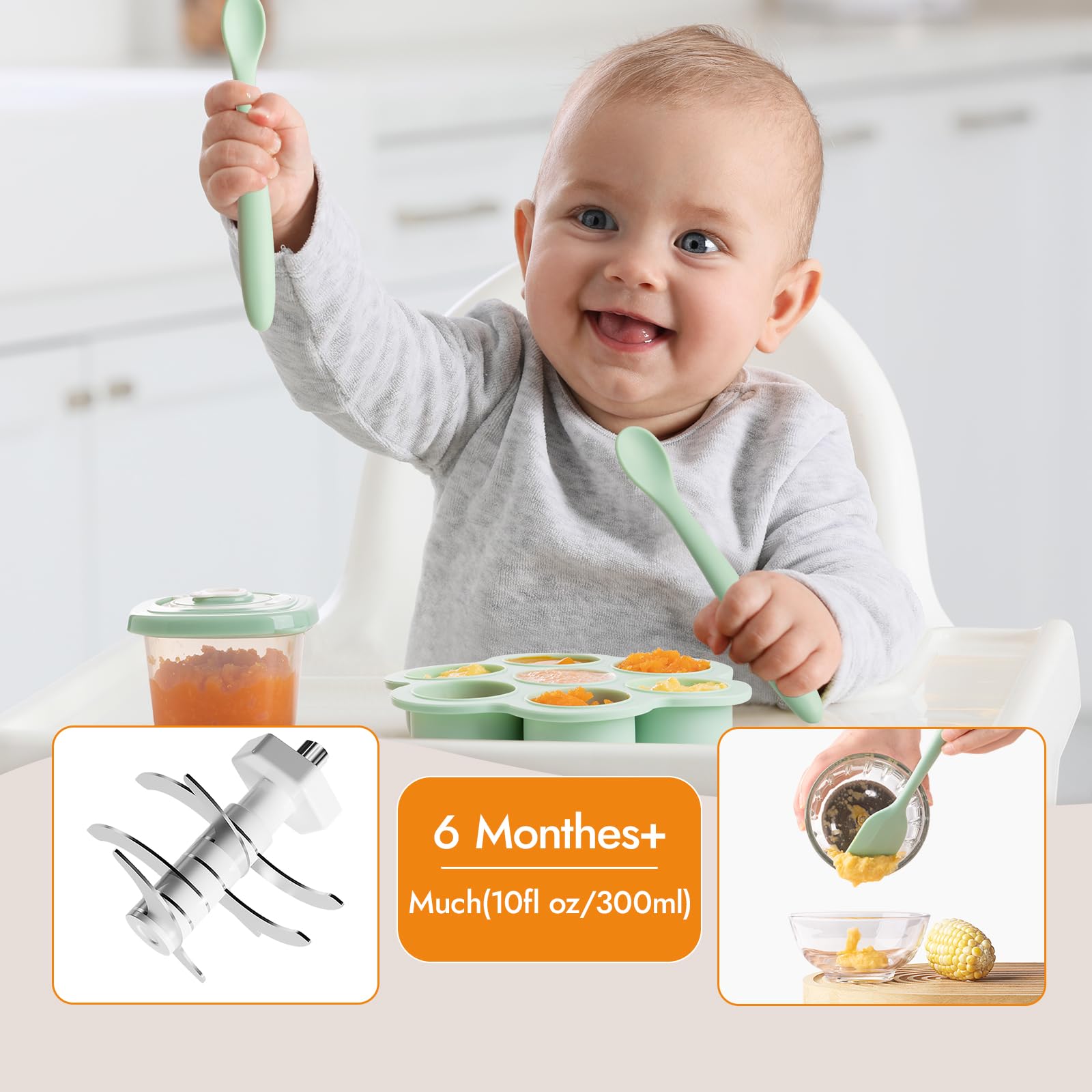 NCVI Baby Food Maker - Glass Blender with 8 Blades & Grinding Disc, Mini Food Processor Set Includes Storage Containers, Silicone Tray & Baby Utensils (Green) - Perfect for Homemade Purees & Toddler Meals