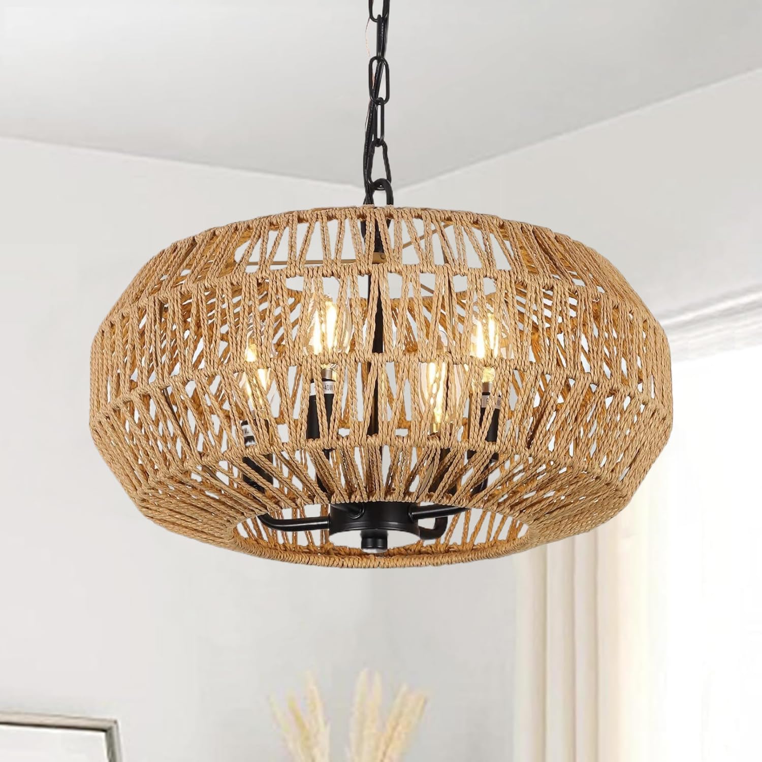 SEIHONG 4-Light Boho Rattan Pendant Light - Hand Woven Wicker Chandelier Lighting Fixture for Farmhouse, Dining Room, Kitchen Island, Living Room & Foyer | Perfect for Rustic, Coastal & Bohemian Home Decor