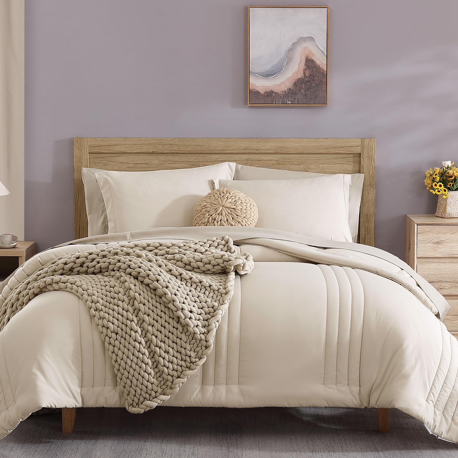 Monbix 7-Piece Full Comforter Set - Apricot Beige All Seasons Down Alternative Bedding | Includes Comforter, Sheets, Pillowcases & Shams | Perfect for Master Bedroom, Guest Room & Dorm Decor