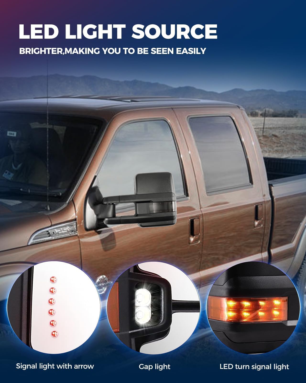KAX Power Heated Tow Mirrors with LED Turn Signal & Backup Lamp - Compatible with 2003-2006 Chevy Silverado Tahoe GMC Sierra - Extendable Pair Set - Perfect for Towing, Night Driving & Winter Conditions