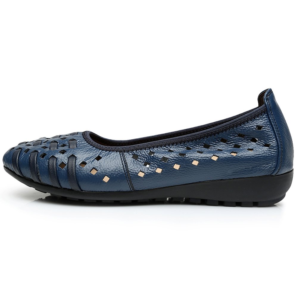 rismart Women's Hollow Comfort Slip-On Leather Ballet Flats - Breathable Lightweight Shoes for Work, Travel & Casual Wear