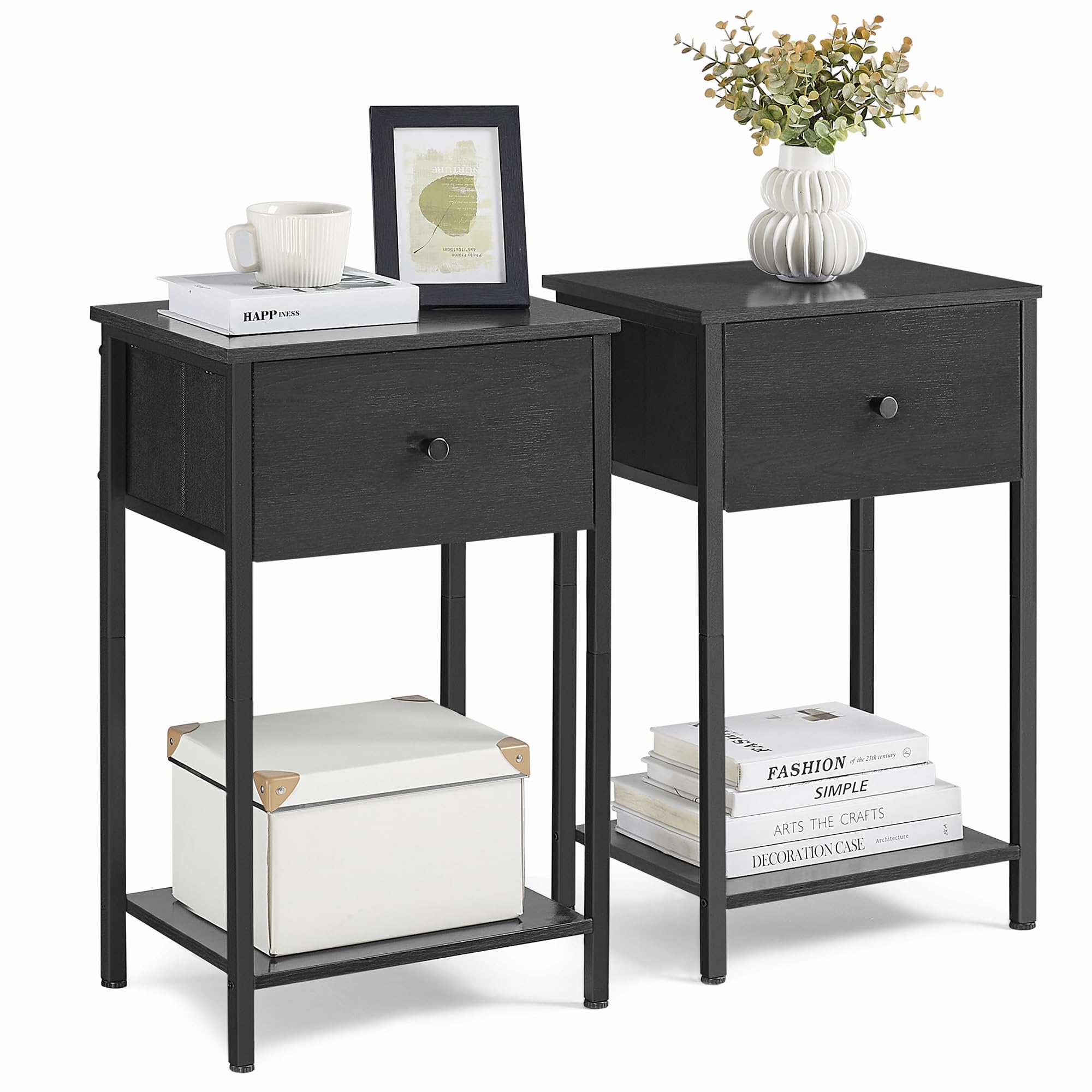 VASAGLE 2-Piece Nightstand Set with Fabric Drawer and Storage Shelf, 24-Inch Tall End Table for Bedroom - Black ULGS221B21 | Perfect for Small Spaces, Guest Rooms & Apartment Living
