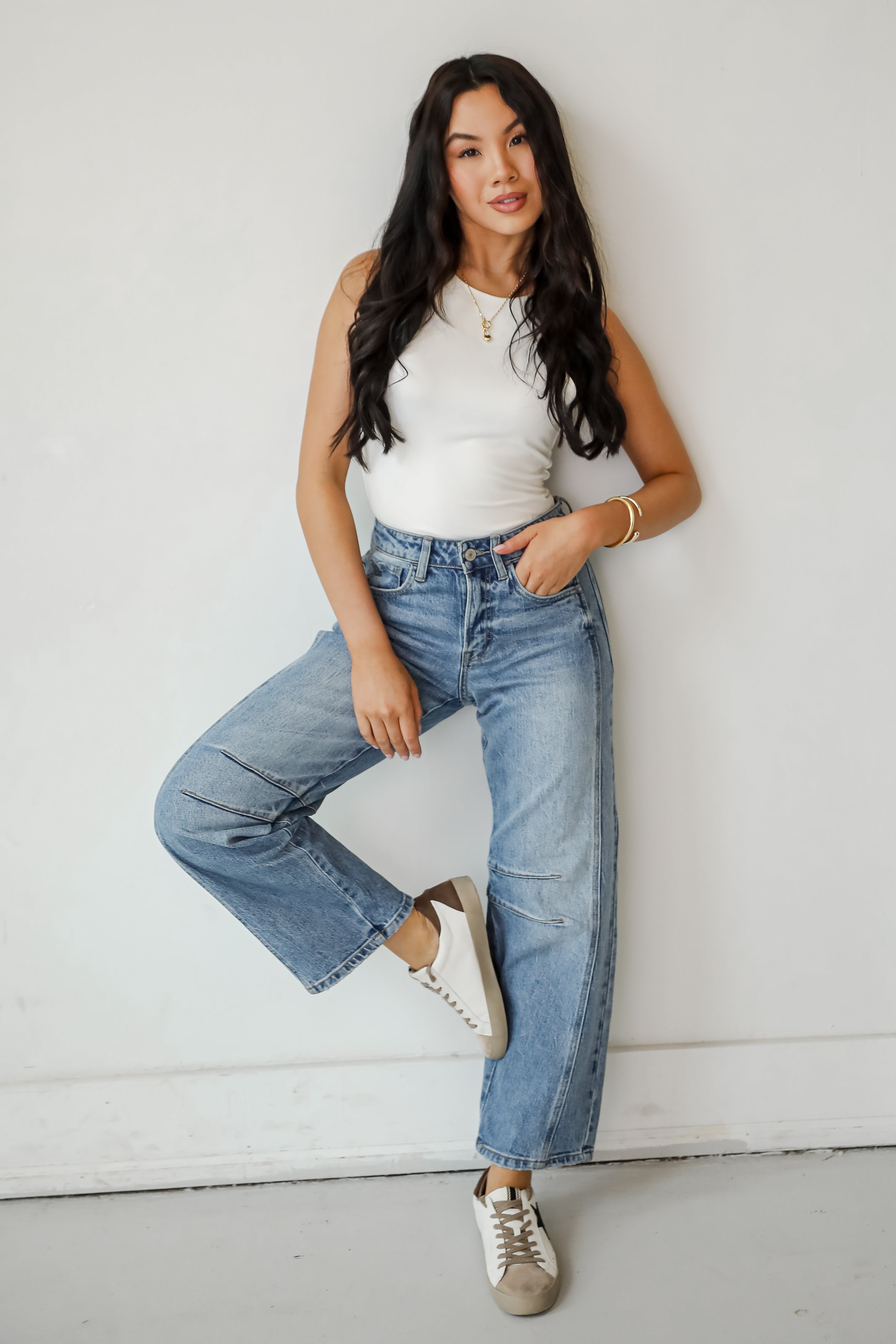 Addy Medium Wash High Rise Barrel Jeans for Women - Vintage Inspired Stretch Denim Pants for Casual Wear & Everyday Outfits