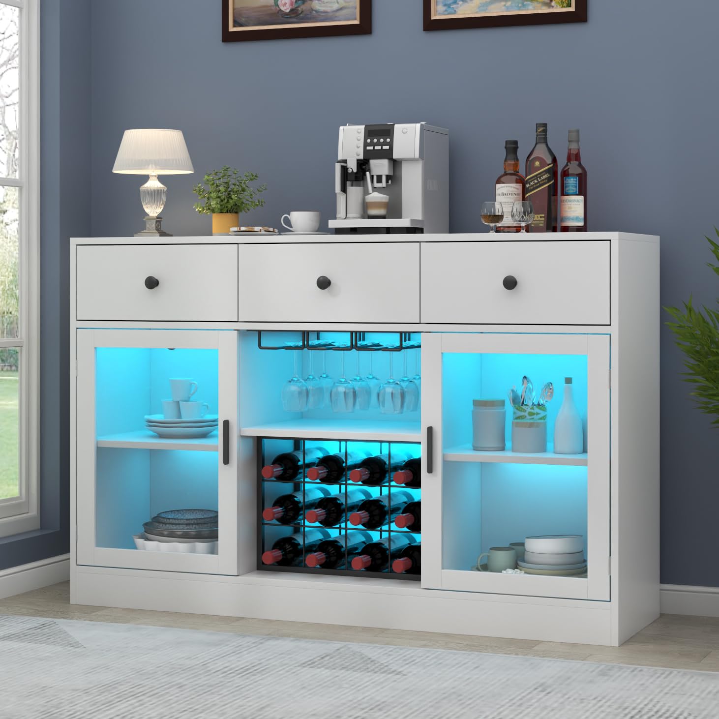 Modern White Wine Bar Cabinet with LED Lights - Kitchen Buffet Sideboard with Adjustable Shelves, Glass Door & Storage Drawers - Perfect for Home Bar, Dining Room & Living Room Storage