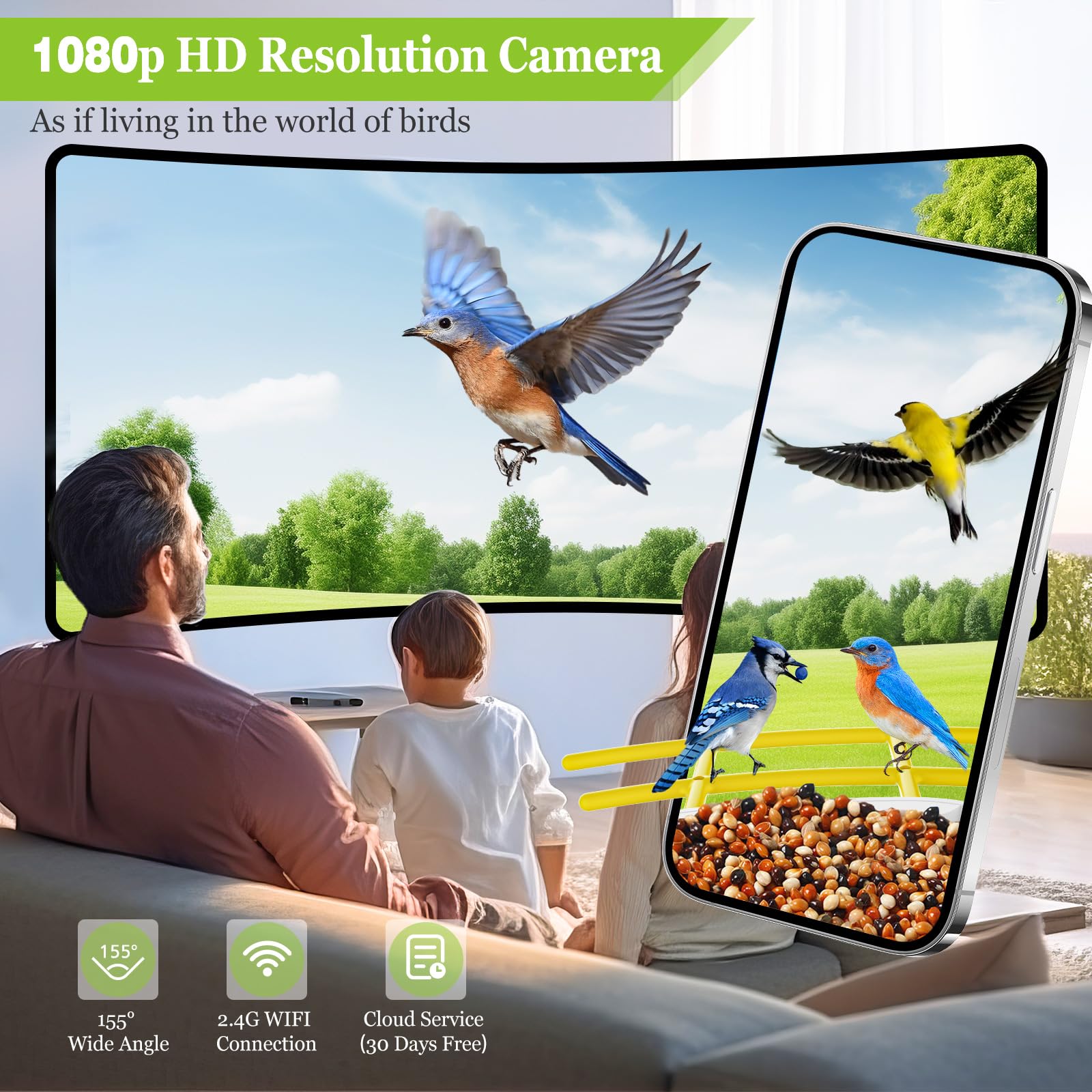 Careboda Smart AI Bird Feeder with Camera - Solar Powered Wireless Outdoor Bird Watching Camera with Motion Detection, Auto Video Capture & 64GB SD Card - Perfect for Backyard Bird Watching & Nature Enthusiasts (Yellow)