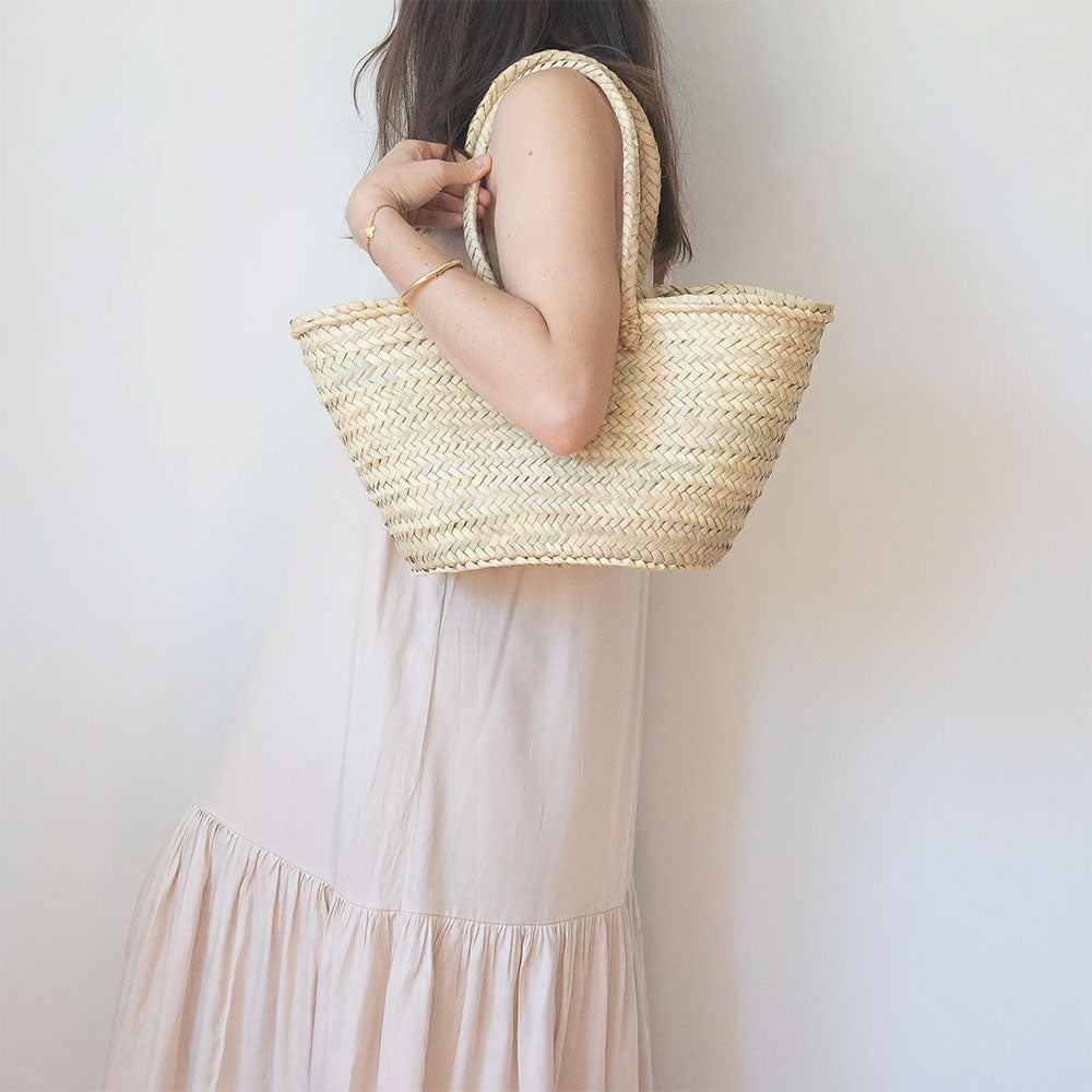 Handwoven Moroccan Palm Leaf Basket with Long Handles - Eco-Friendly Storage & Decor for Home, Beach, or Picnic Use