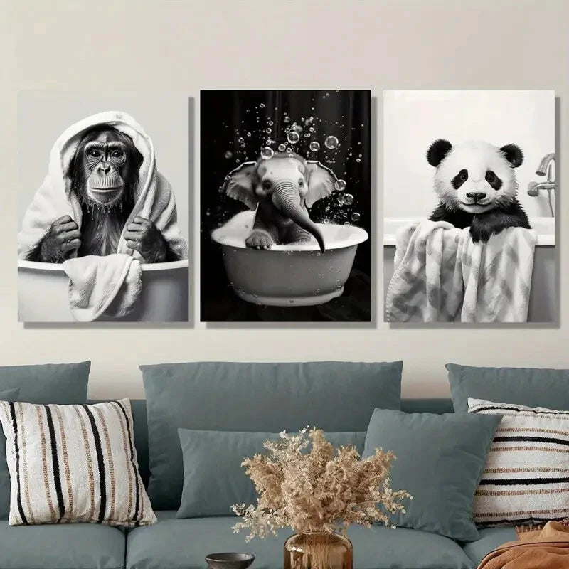 3PCS Adorable Cartoon Animal Bath Time Metal Wall Art - Ready to Hang Home Decor for Bathroom, Nursery & Kids Room