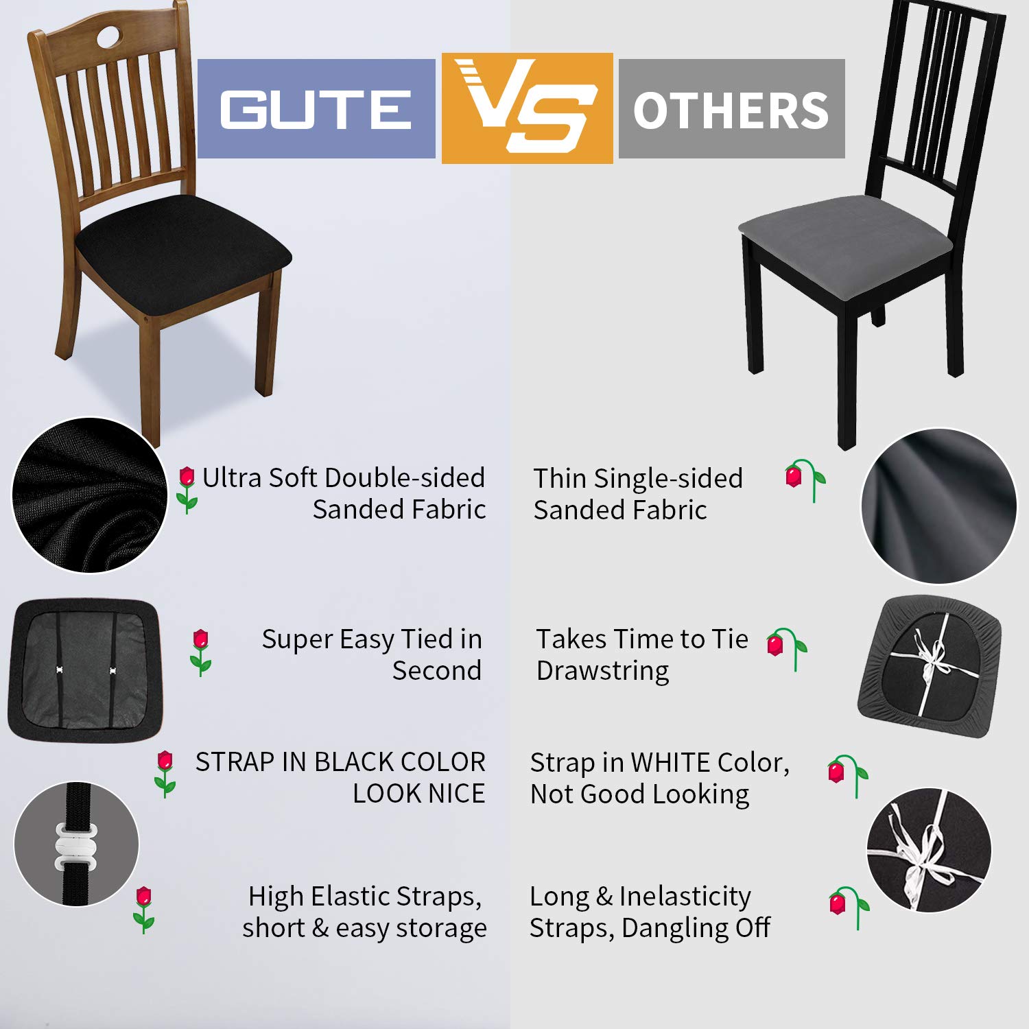 Premium Stretch Dining Chair Seat Covers (4-Pack) - Breathable Fabric Protectors with Secure Ties for Kitchen & Dining Room Chairs - Black - Perfect for Everyday Use & Special Occasions
