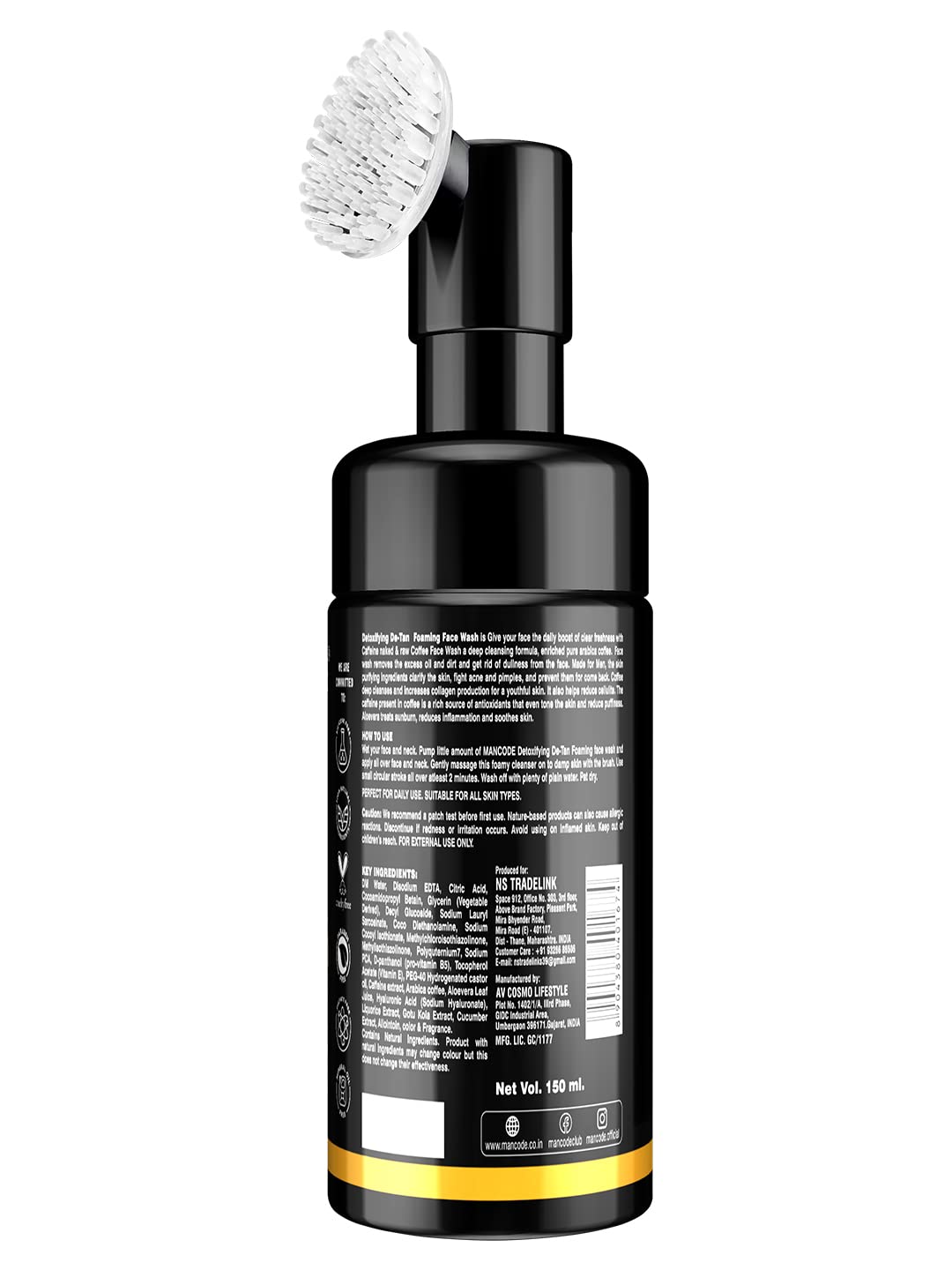 Mancode De-Tan Foaming Face Wash with Brush - Deep Cleansing for Men - Dark Spot & Tan Removal - 150ml - Perfect for Daily Skincare Routine