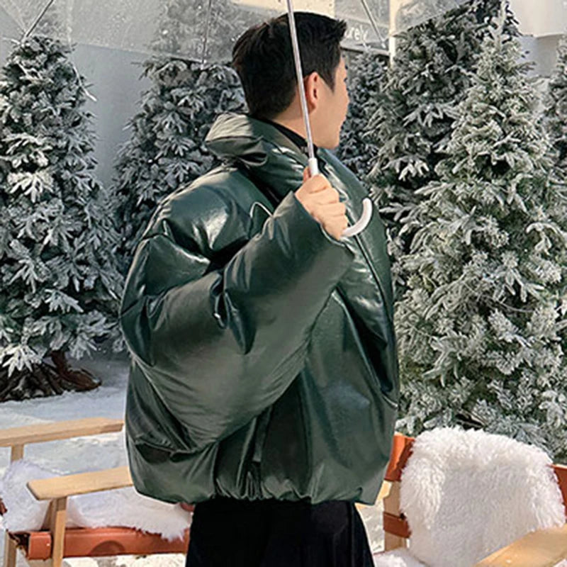 Men's American Style PU Leather Down Jacket - Solid Color Winter Parka Coat with Niche Design | Trendy & Warm for Outdoor Activities, Travel & Daily Wear | 9C4005