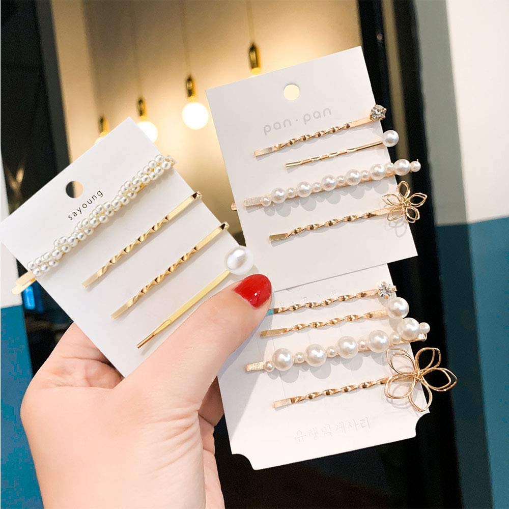 WHITEBRIDGE 12pcs Vintage Pearl Hair Bobby Pins - Metallic Flower Barrettes & Shiny Crystal Diamond Hair Clips for Women & Girls | Wedding, Prom, Party, Everyday Hairstyle Accessories