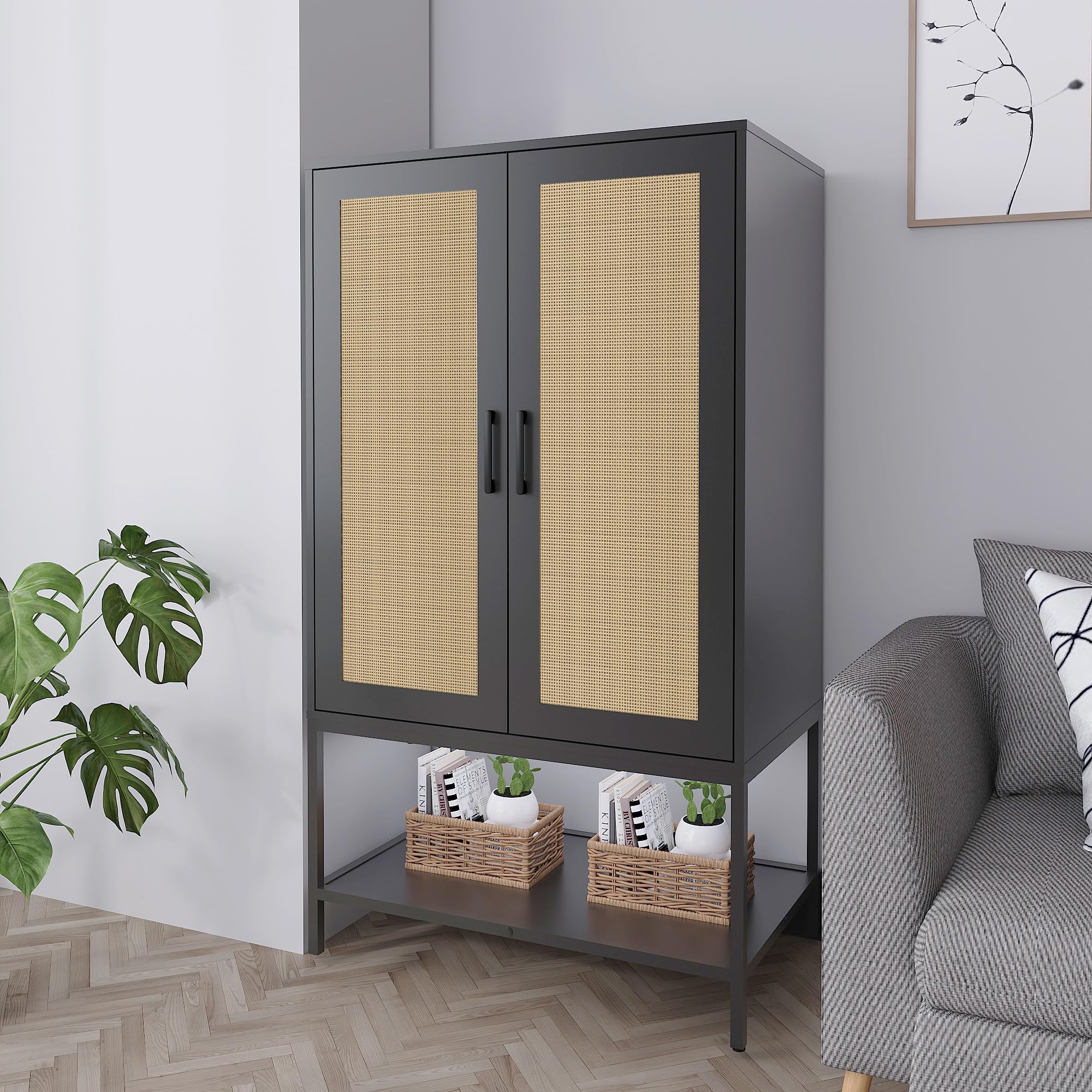 2-Door Rattan Wardrobe Closet with Hanging Rod & Shelves - Freestanding Wooden Armoire for Bedroom Storage & Organization | Perfect for Small Spaces, Apartments & Dorm Rooms (Black)