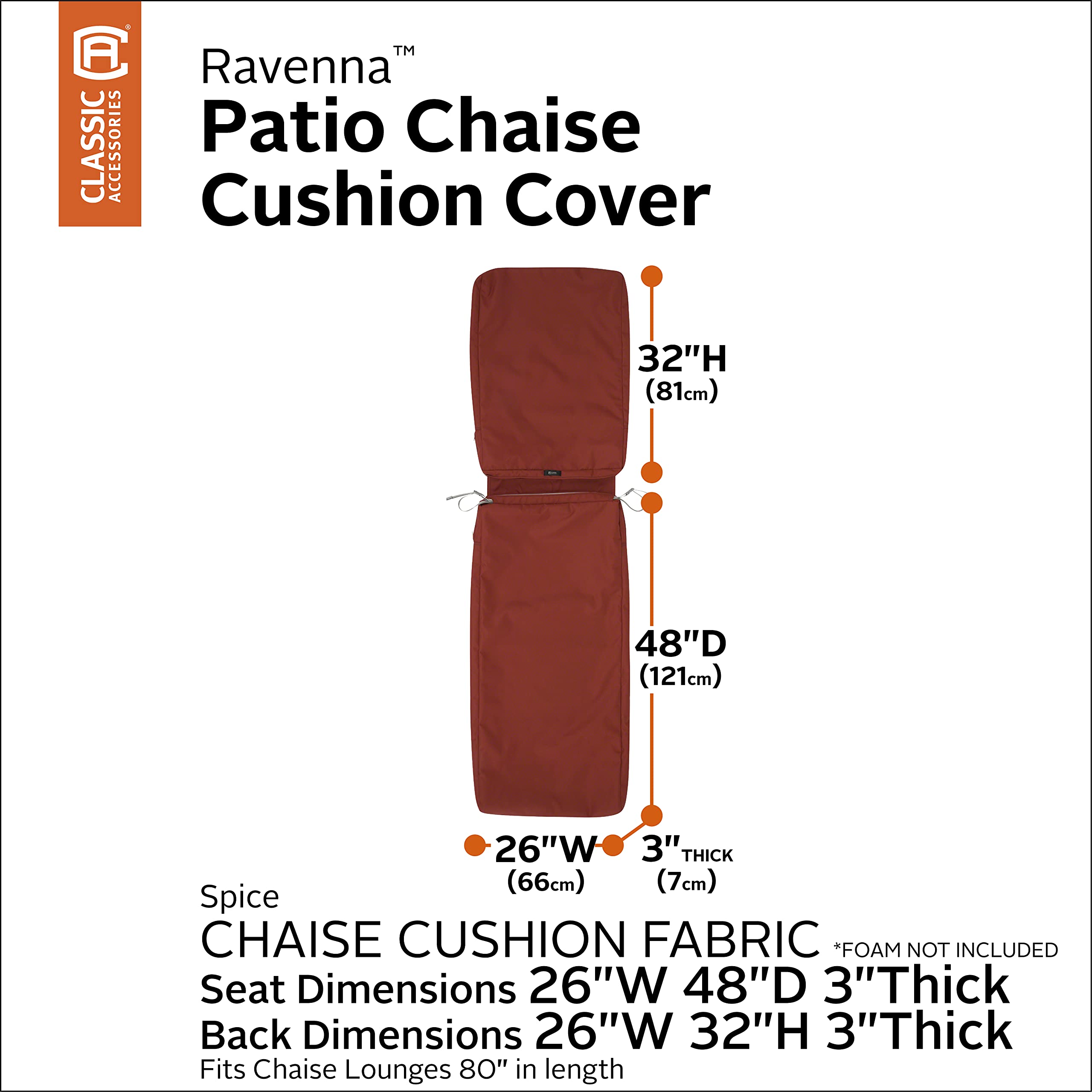 **Water-Resistant Patio Chaise Cushion Cover 80x26x3 Inch - Classic Accessories Ravenna Spice - Durable Outdoor Furniture Cushion Cover for Lounge Chairs, Poolside, Deck, and Patio Use**