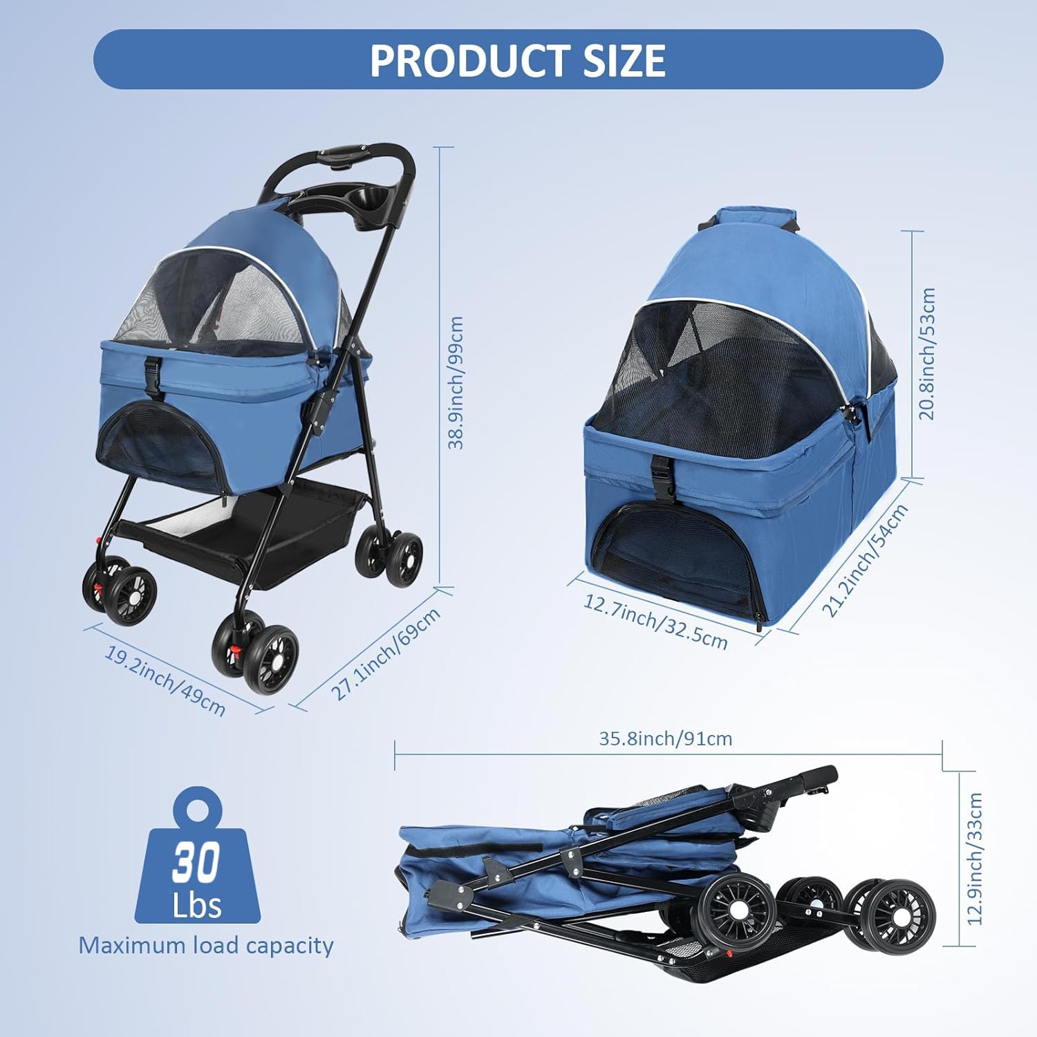 Premium 4-Wheel Pet Stroller for Small & Medium Dogs & Cats Up to 30lbs - Foldable Design with Storage Basket & Cup Holder (Blue) - Perfect for Park Walks, Vet Visits & Shopping Trips