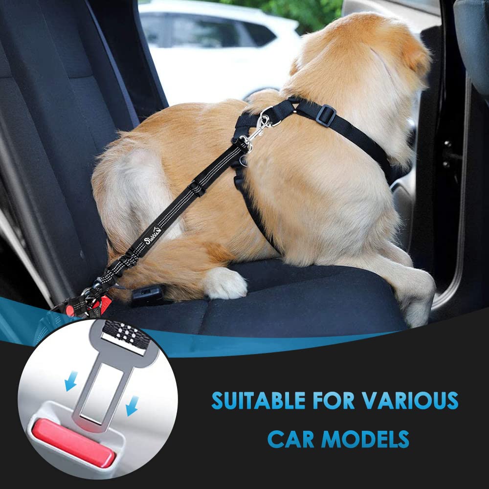 SlowTon 2-Pack Adjustable Dog Seat Belt for Cars - Elastic Bungee Buffer Safety Harness with Reflective Tether (Black) | Headrest + Clip Attachment | Perfect for Road Trips & Pet Travel Safety