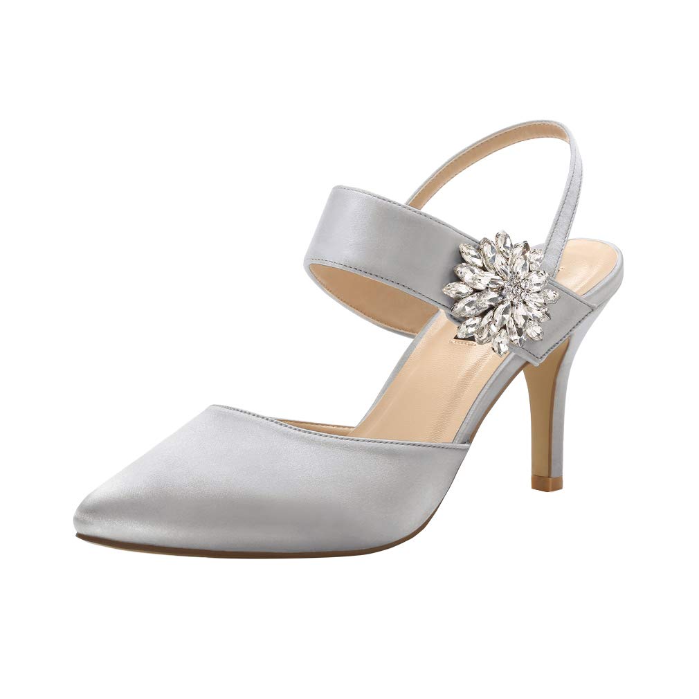 ERIJUNOR Women's Mid Heel Pointed Toe Slingback Pumps - Rhinestone Brooch Satin Dress Shoes for Evening, Prom, Wedding & Special Occasions | Comfortable & Elegant Heels for Parties, Dinners & Formal Events
