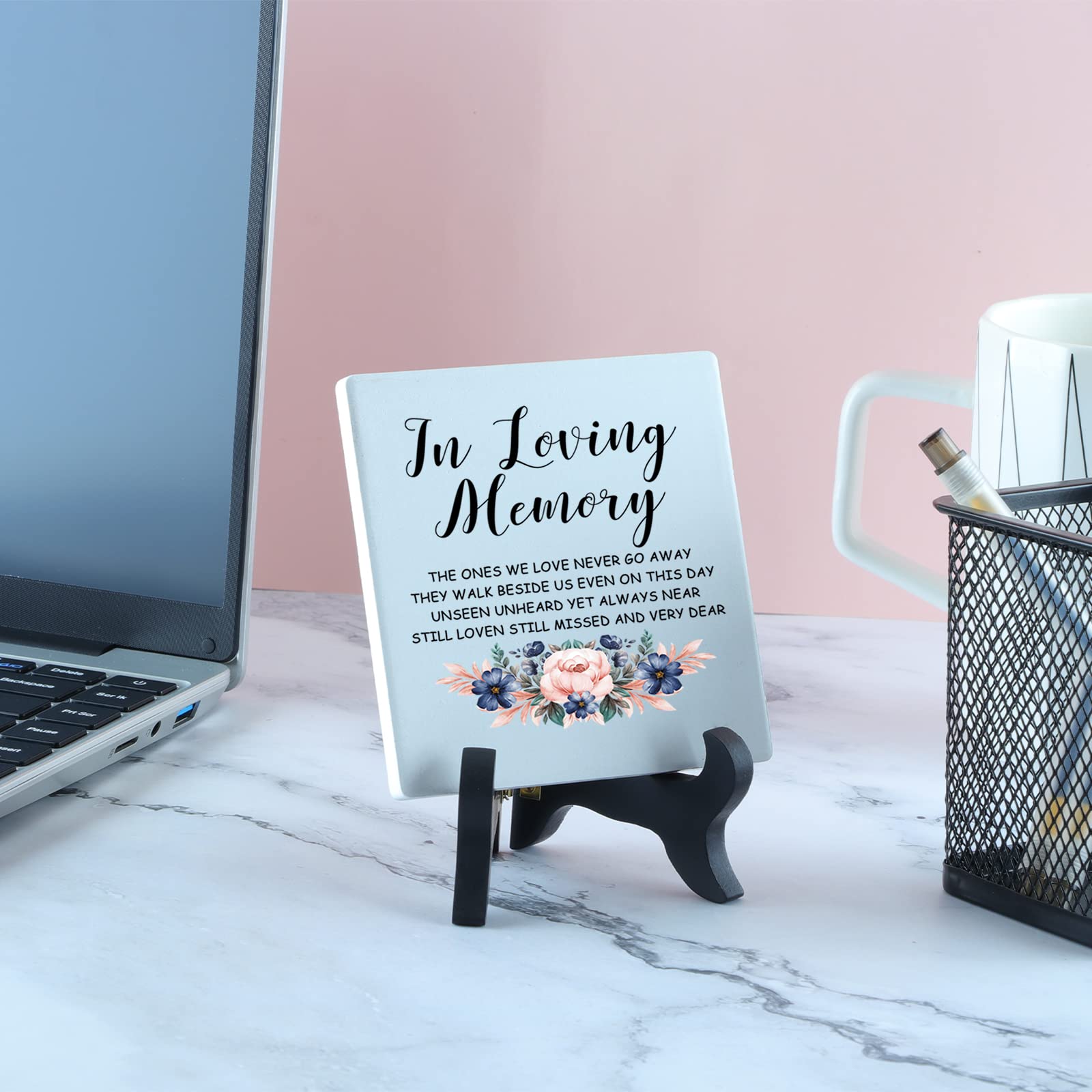 Loving Memory Ceramic Tile with Wooden Stand - Sympathy Gifts for Loss of Loved One, Bereavement Condolence Gifts, Funeral Memorial Plaque Sign - Perfect for Home Memorial, Funeral Service, and Grieving Comfort