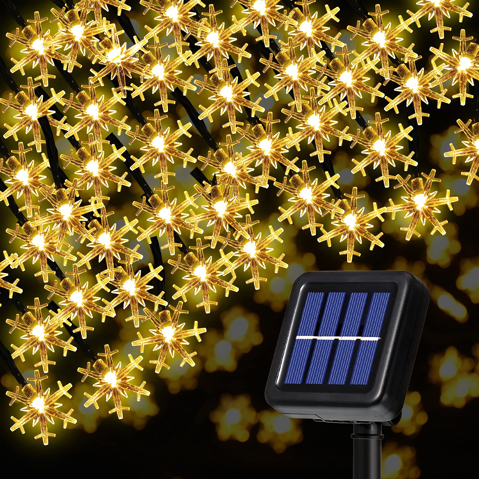 80 LED Solar Powered Snowflake String Lights - 33ft Waterproof Outdoor Fairy Lights for DIY Wedding, Party, Holiday Decor (Warm White) | Perfect for Christmas Trees, Garden, Patio & Home Decoration