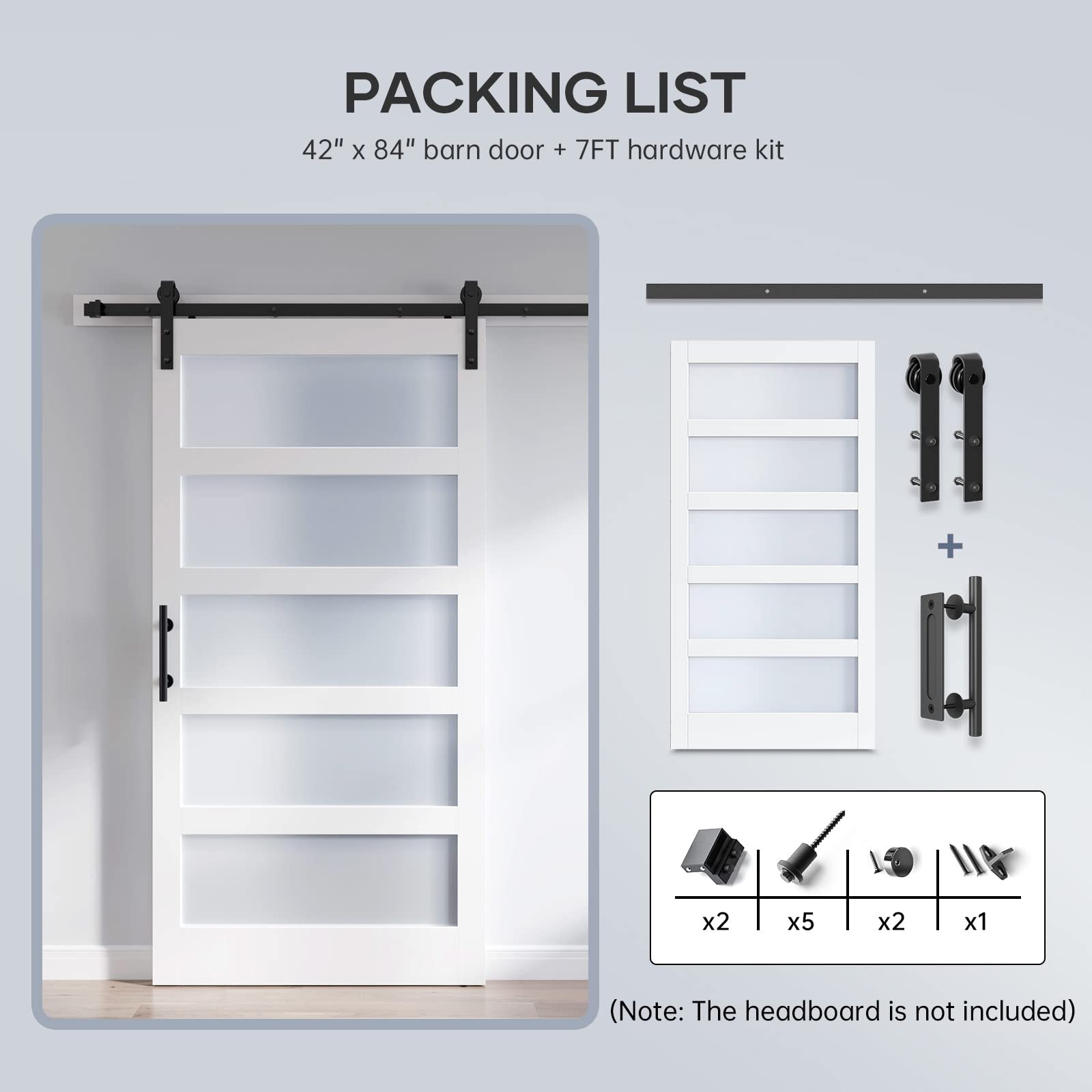 42x84 Inch Frosted Glass Sliding Barn Door with 7ft Hardware Kit - White Waterproof & Scratch-Resistant PVC LVL Wood Panel - Easy DIY Installation for Bedroom, Closet, or Office Partition