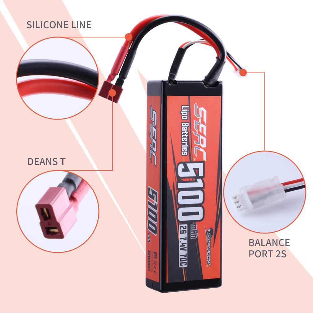 SUNPADOW 2S 7.4V 5100mAh 70C Lipo Battery with Deans T Connector - Rechargeable Hard Case Battery for 1/8 1/10 RC Cars, Trucks, Tanks & Buggies - Perfect for Off-Road Racing, Drifting and RC Vehicle Enthusiasts