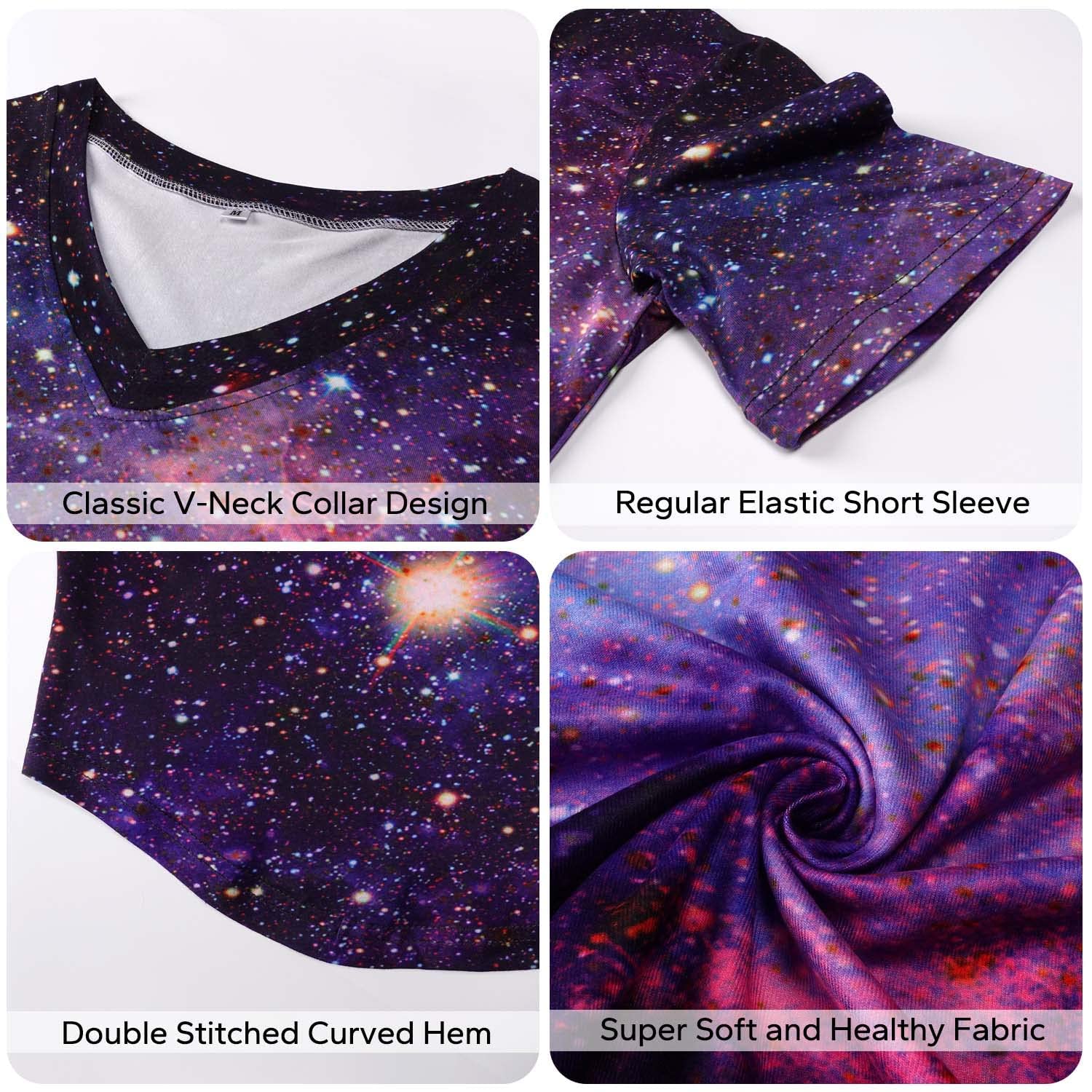 KYKU Women's Galaxy Print V-Neck T-Shirt with Side Slit & Curved Hem - Space Themed Casual Top for Everyday Wear, Street Style & Cosplay