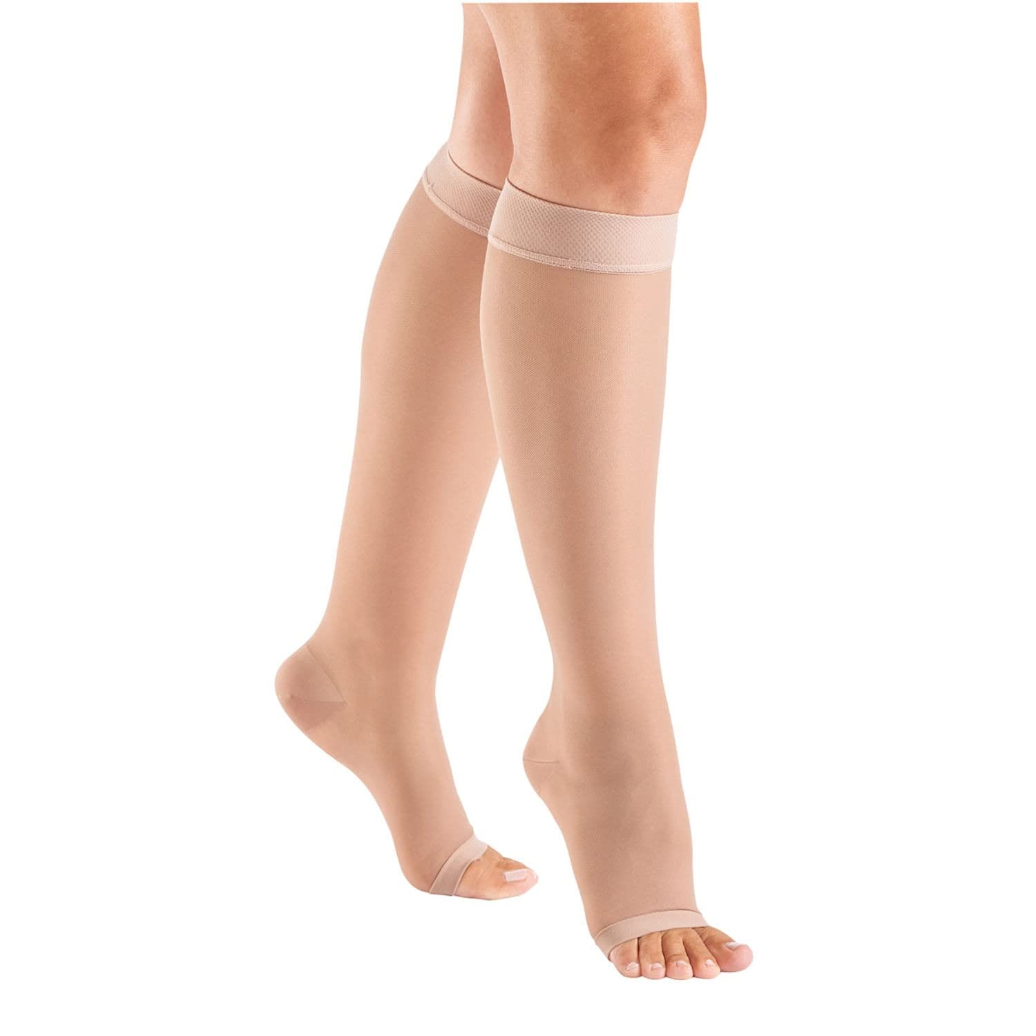 Support Plus Women's Open Toe Mild Compression Knee High Stockings 8-15 mmHg - Sheer Beige Large Size - Ideal for Travel, Work & Varicose Vein Relief