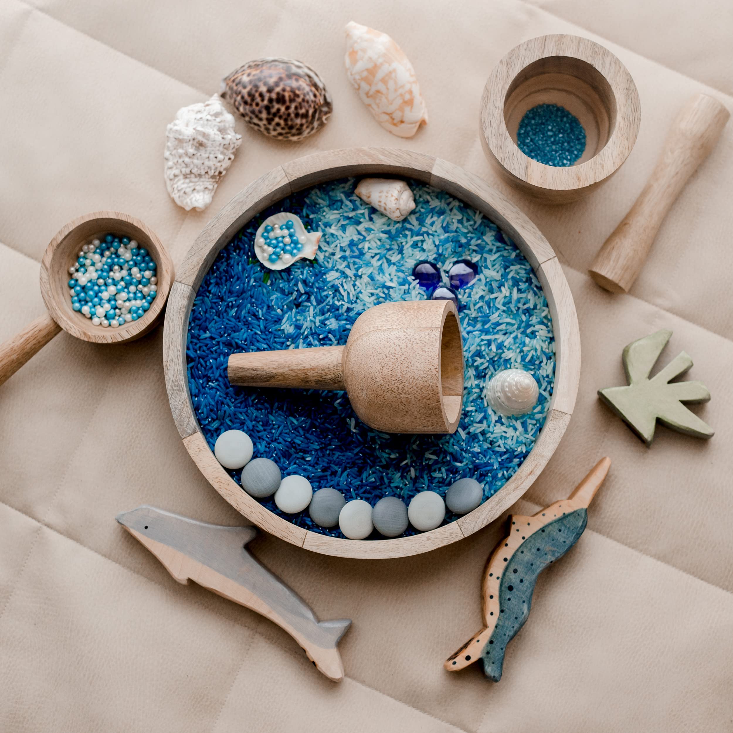 Montessori Wooden Funnel & Sensory Play Set - Natural Mango Wood Pouring, Scooping & Grinding Kit for Kids - Perfect for Loose Parts Play, Water Activities & Early Childhood Learning - Ideal for Home, Classroom & Daycare Sensory Bins